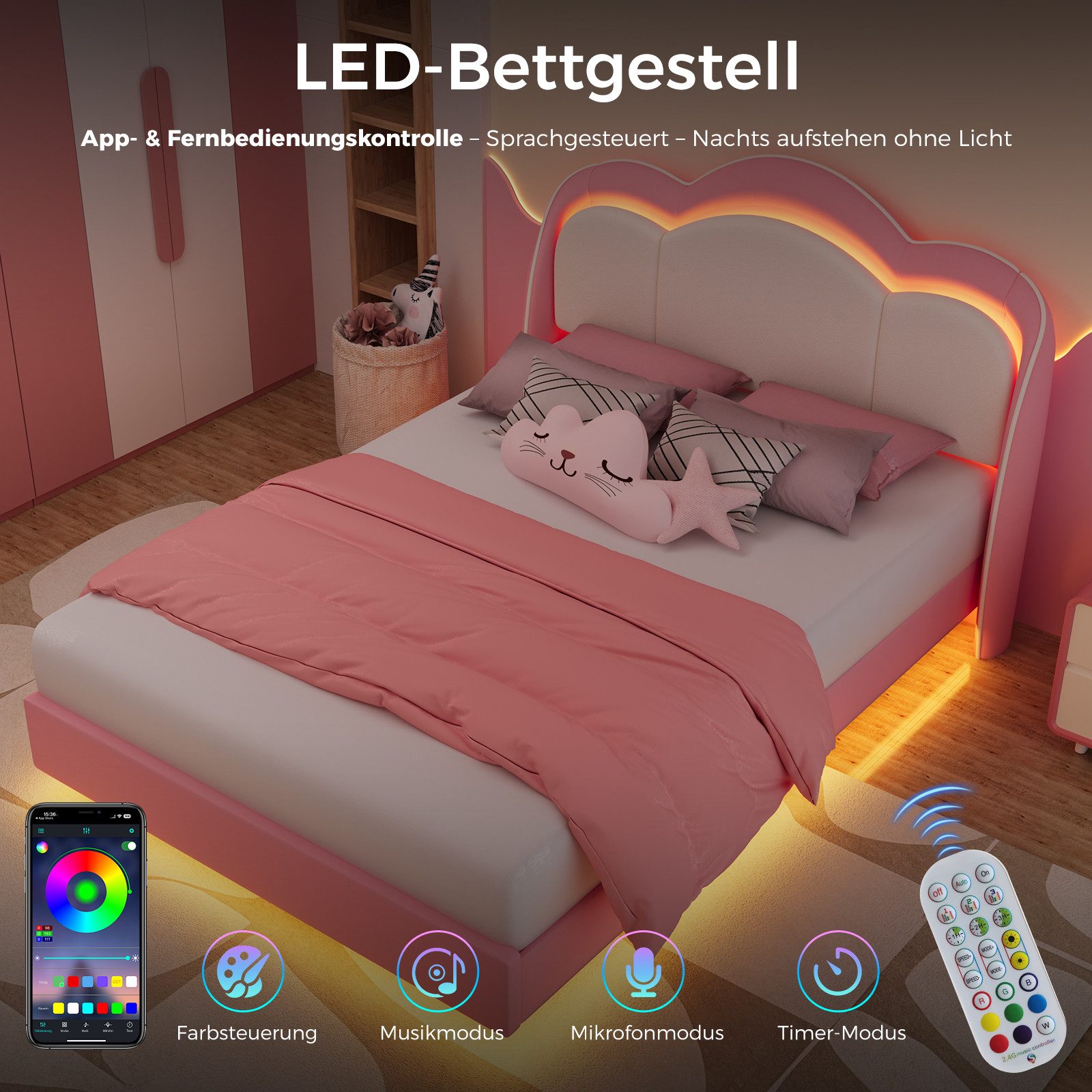 HOMAVO Boxbett Polsterbett inkl. Taschenfederkernmatratze mit integriertem Topper (140 × 200 cm Spar-Set, FSC® Polsterbett mit LED & 25 cm 7-Zonen-Matratze), Orthopädisch für Kinder, Jugendliche & Erwachsene