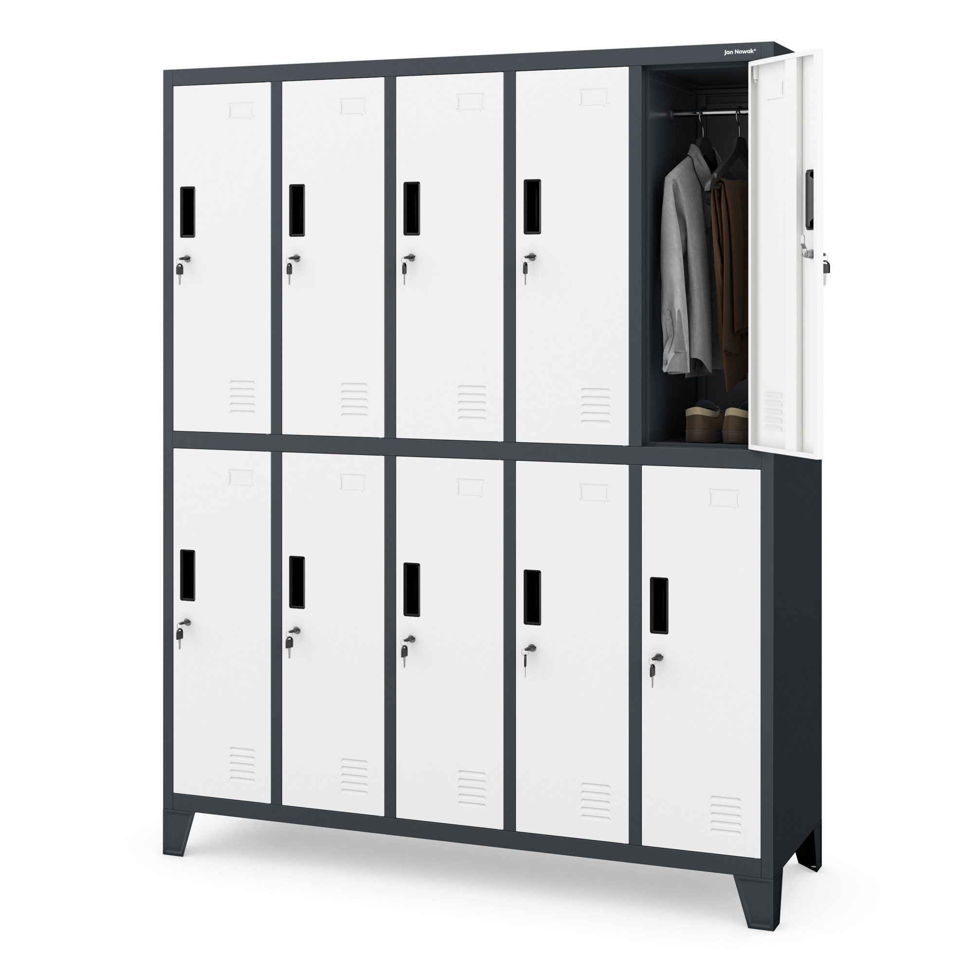 Jan Nowak Mehrzweckschrank Metall Kleiderspind 136 cm BARTEK 10 Fächer abschließbar Stahl (Stahl pulverbeschichtet PZH-zertifiziert) Garderobenschrank Schloss je Fach hoch robust 12 Farben PZH