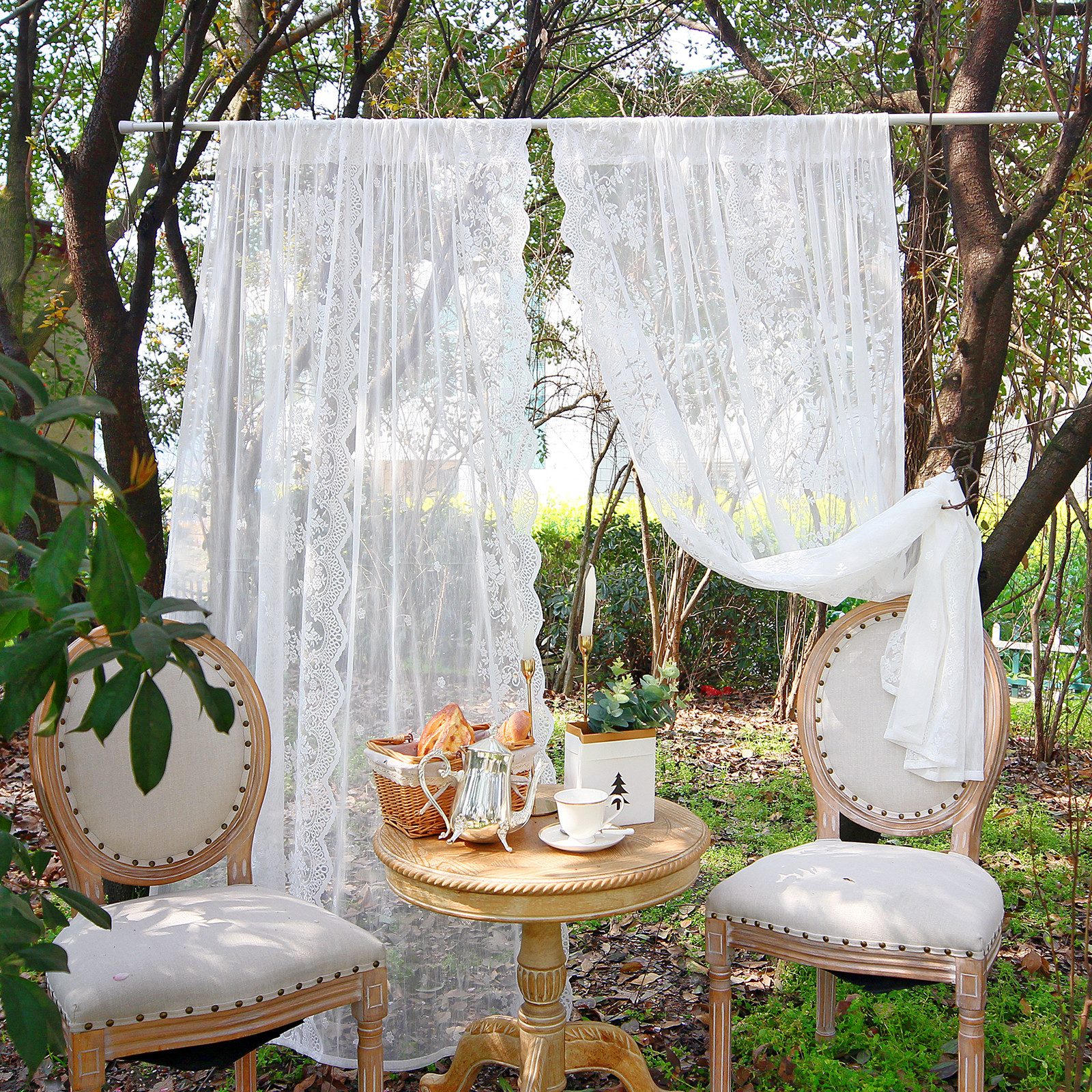 Qelus Vorhang 2 Stück Transparent Gardinen Spitze Blumen,Vorhänge mit Stang günstig online kaufen