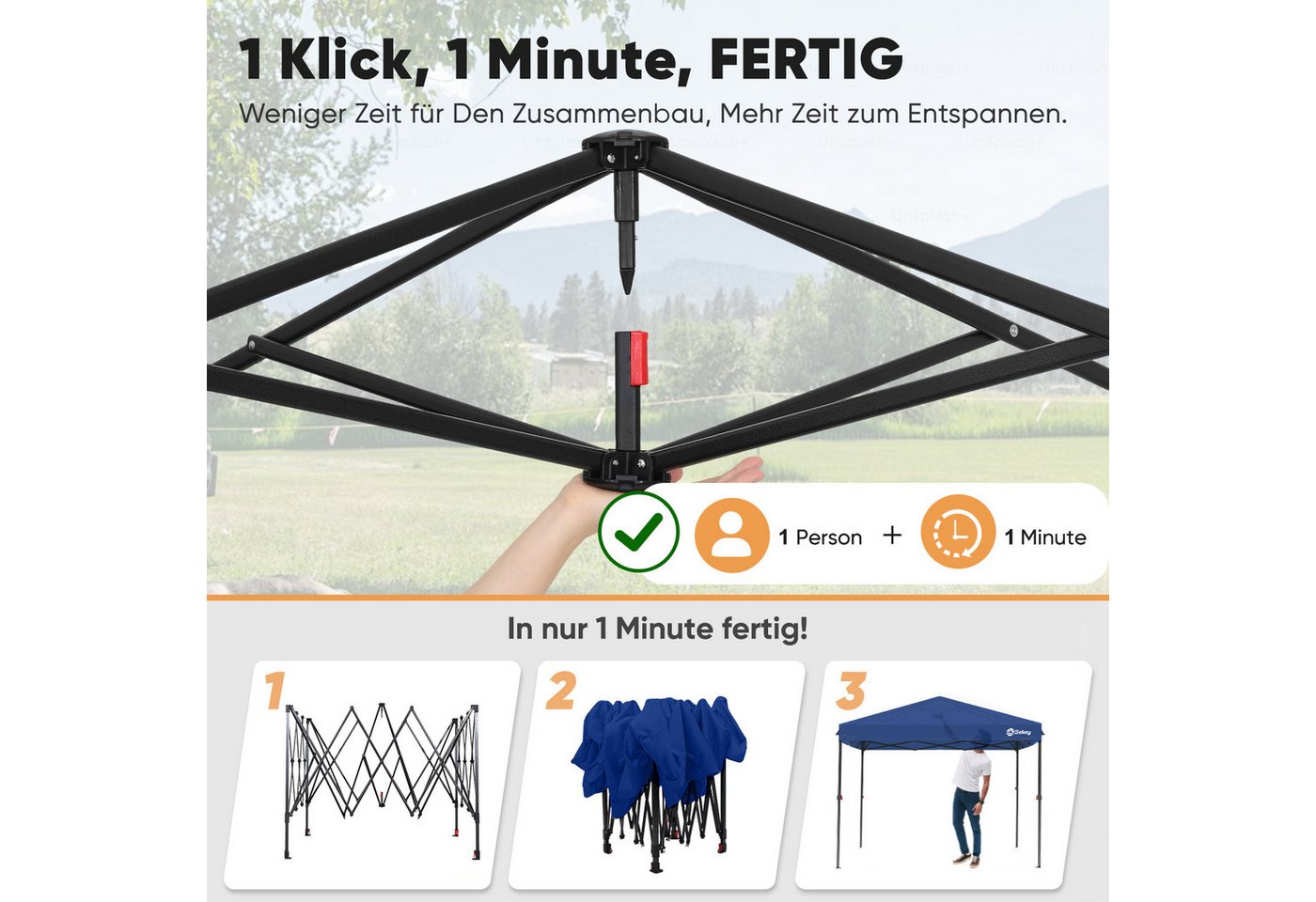 Thumbnail - Sekey Faltpavillon 300x300 cm Pop-Up Pavillon, 3 wählbare Höhen: 270cm, 260cm und 250cm, Wasserdicht, Stabil, Sonnenschu...