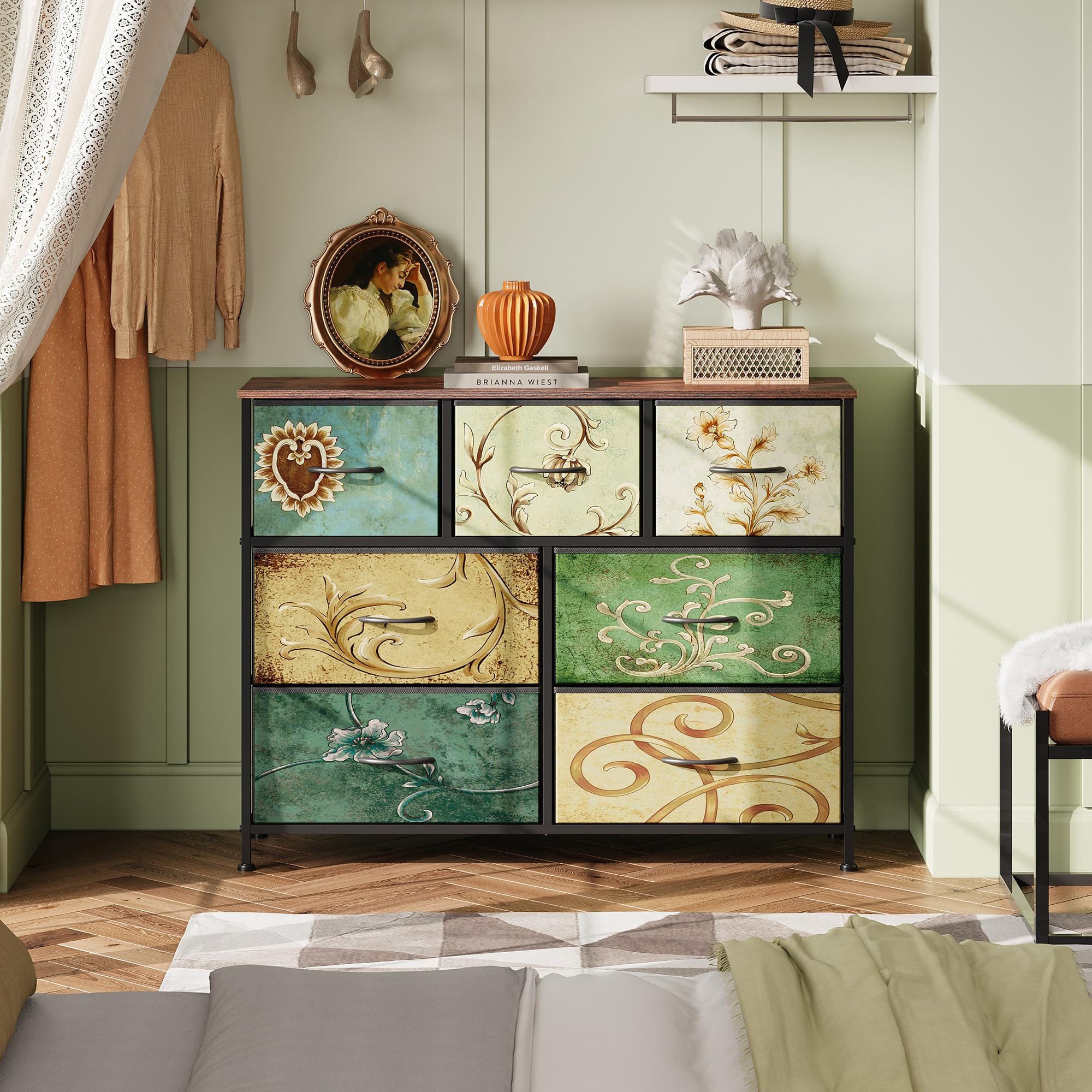 WLIVE Kommode Schubladenkommode mit 7 Stoffschubladen, (stabiler Stahlrahmen & Holzplatte), Breit 100cm, Vintage Kommode für Schlafzimmer, Flur & Büro