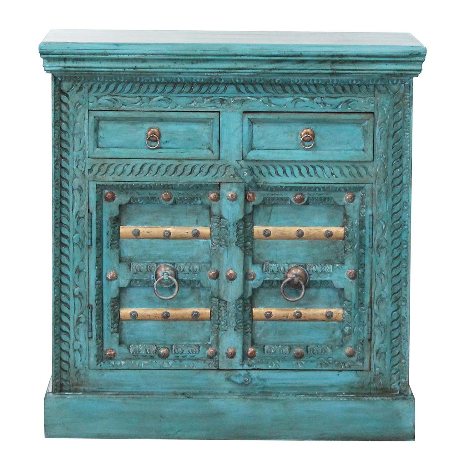 Casa Moro Kommode Orientalische Kommode Elisam Türkis 90x40x90 cm (B/T/H) (Nachttisch für einfach schöner Wohnen, CA541150, schmales Echtholz Sideboard aus Mango Holz), Kunsthandwerk