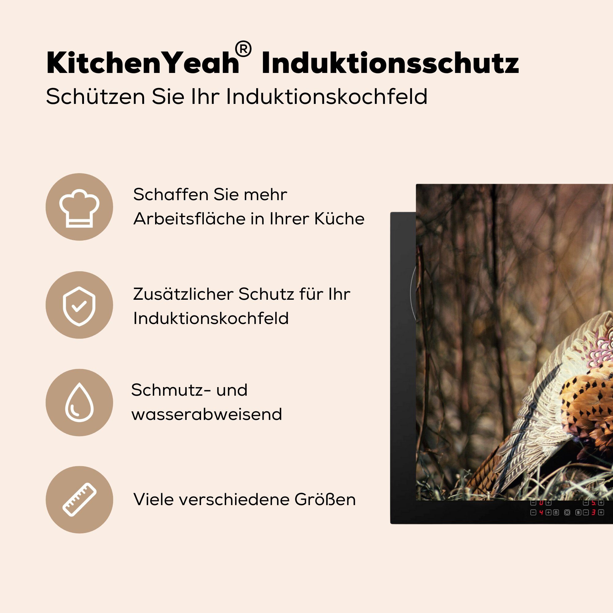 - für 81x52 Herdblende-/Abdeckplatte Vogel die küche, (1 Induktionskochfeld - Ceranfeldabdeckung Vinyl, Fasan Baum, MuchoWow Schutz cm, tlg),