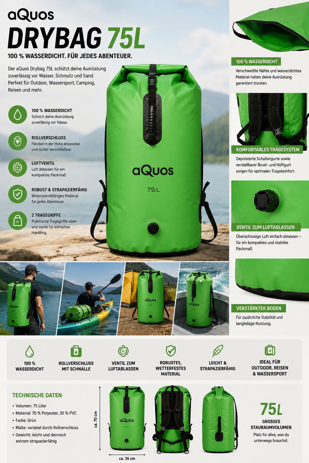 aQuos Drybag aQuos 75 L wasserdichter Rucksack Packsack grün, wasserdicht