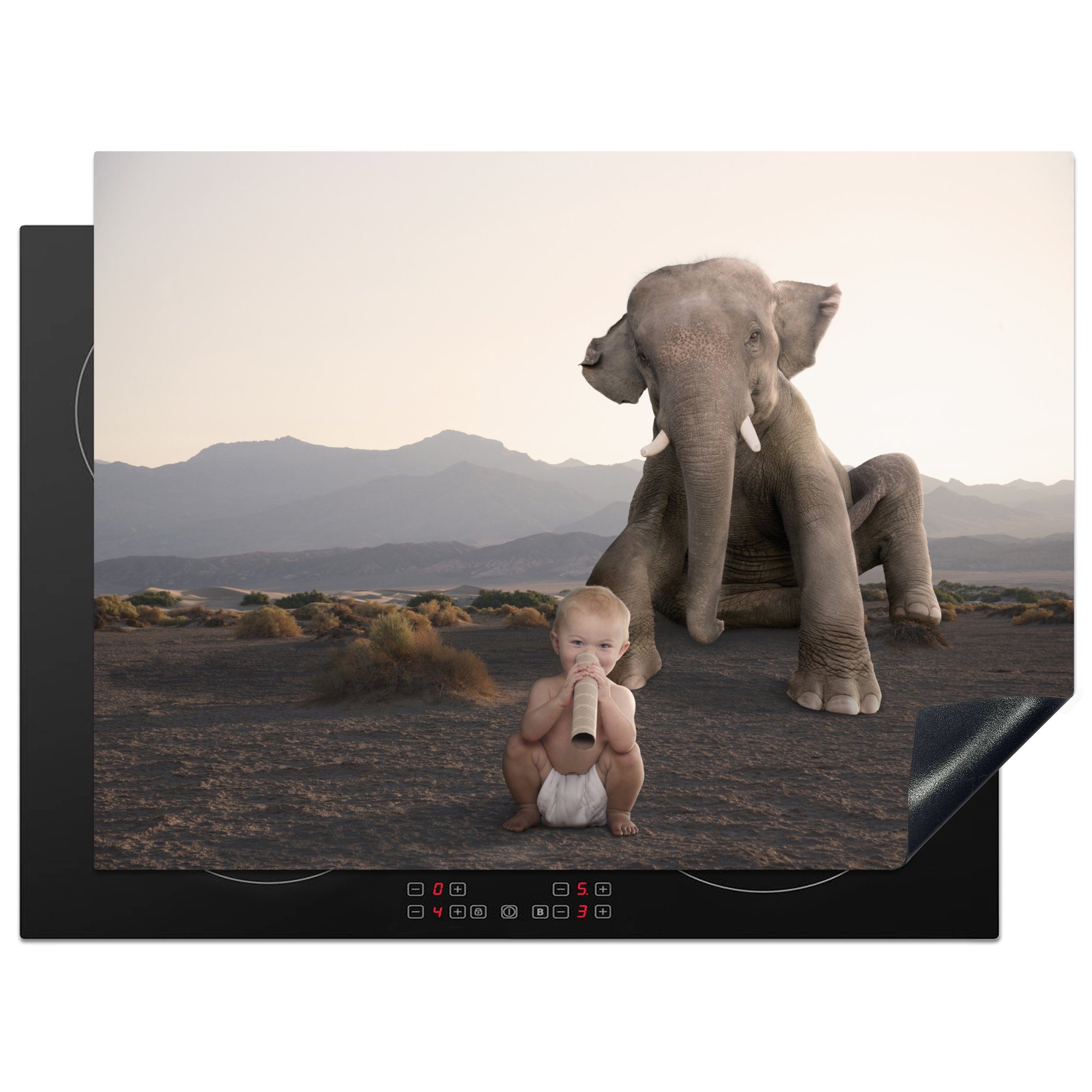 MuchoWow Herdblende-/Abdeckplatte Baby - Elefant - Natur, Vinyl, (1 tlg), 70x52 cm, Mobile Arbeitsfläche nutzbar, Ceranfeldabdeckung
