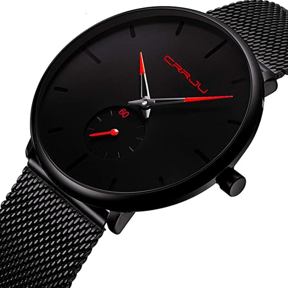 Minimalistische Edelstahl, Dünne GelldG mit ‎‎Schwarz+rot Quarzuhr Herren Quarz (Set, Schwarze Armband) Uhren Ultra