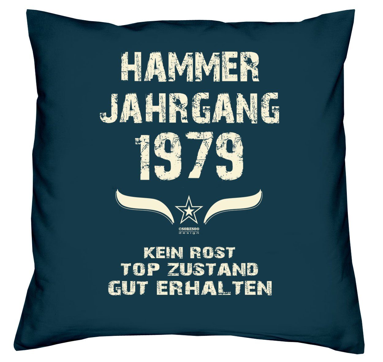 Hammer für Jahrzahl Motiv, Männer Design, Jahrgang 1979 Soreso® waschechte persönliches handgefertigt, Kissen, Farben, navy-blau & Geburtstagsgeschenk Dekokissen Jahrgang Frauen,