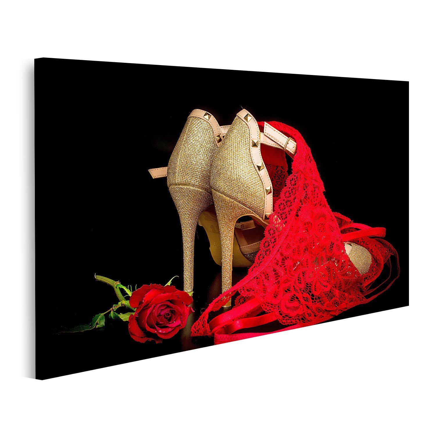 islandburner Leinwandbild Bild auf Leinwand Goldene Schuhe Schwarzer Hintergrund Rote Rose Rote