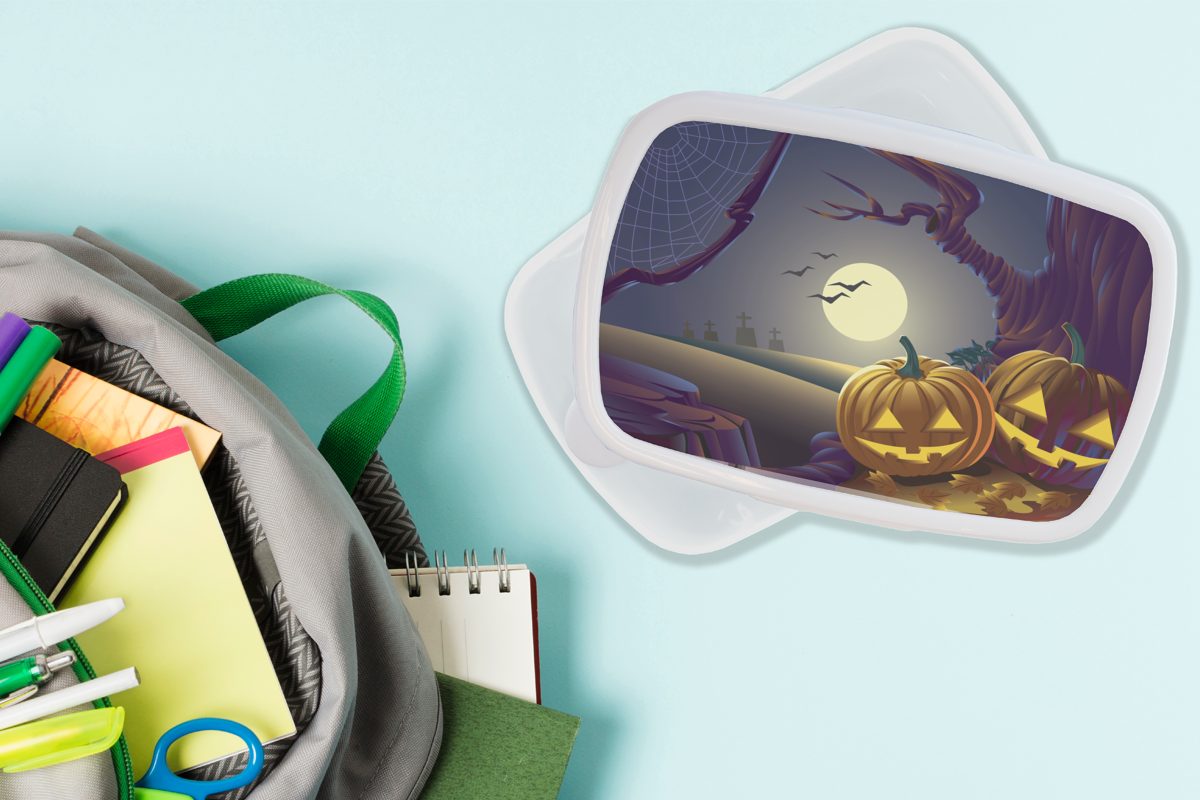 MuchoWow Lunchbox Zwei Kürbisse in weiß Illustration, Jungs (2-tlg), einer Erwachsene, und Mädchen einer Halloween-Nacht Brotdose, Kunststoff, in Kinder Brotbox für und für