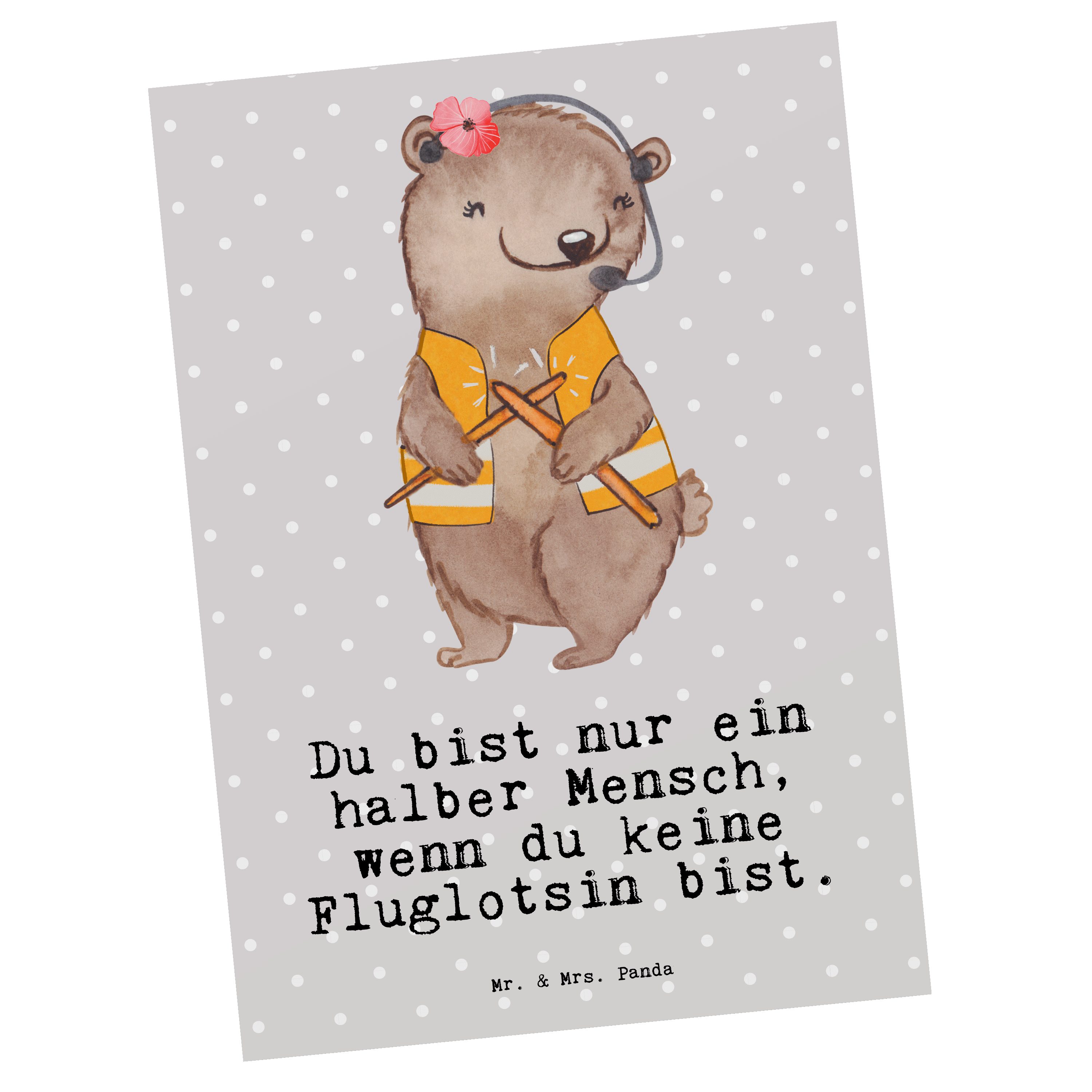 Mr. & Mrs. Panda Postkarte Fluglotsin mit Herz - Grau Pastell - Geschenk, Flugsicherung, Geschen | Grußkarten