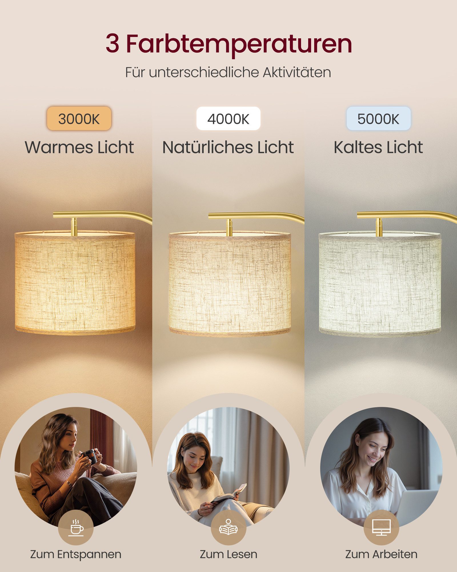 VASAGLE Stehlampe Stehleuchte, Bogenlampe, höhenverstellbare Leselampe, mit 3 Lichtfarben, 150-175 cm hoch, modern, mit Fußtaster, E27 Fassung
