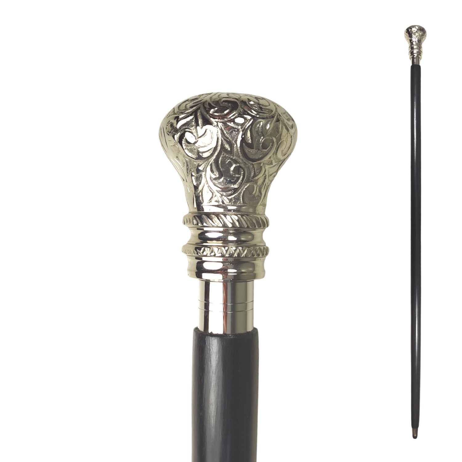 FTWdesign Frackstock Edler Vintage Spazierstock aus Holz mit graviertem Silbergriff Metall