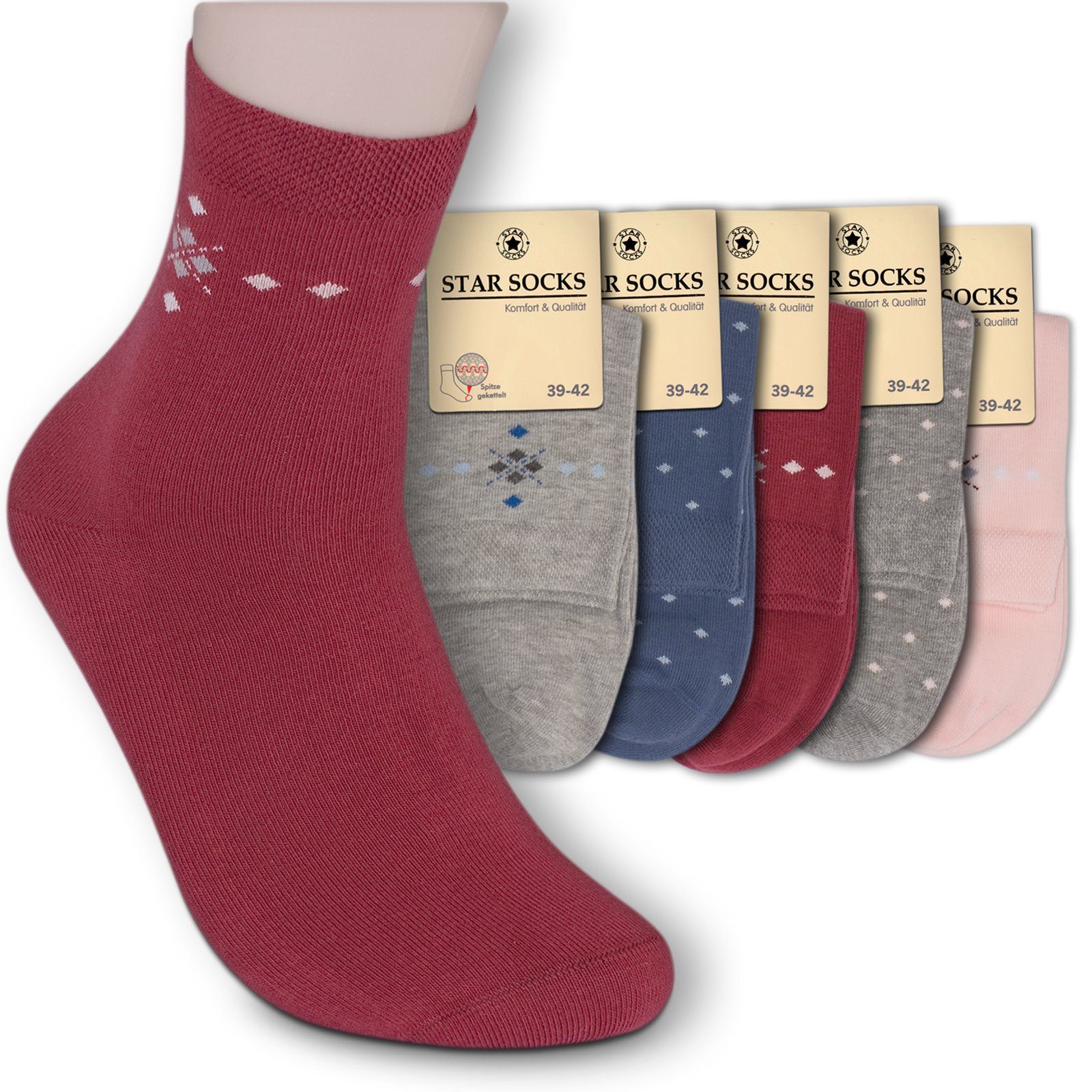 Die Sockenbude Kurzsocken WELLNESS (Bund, 5-Paar, blau rot rosa) mit Komfortbund ohne Gummi