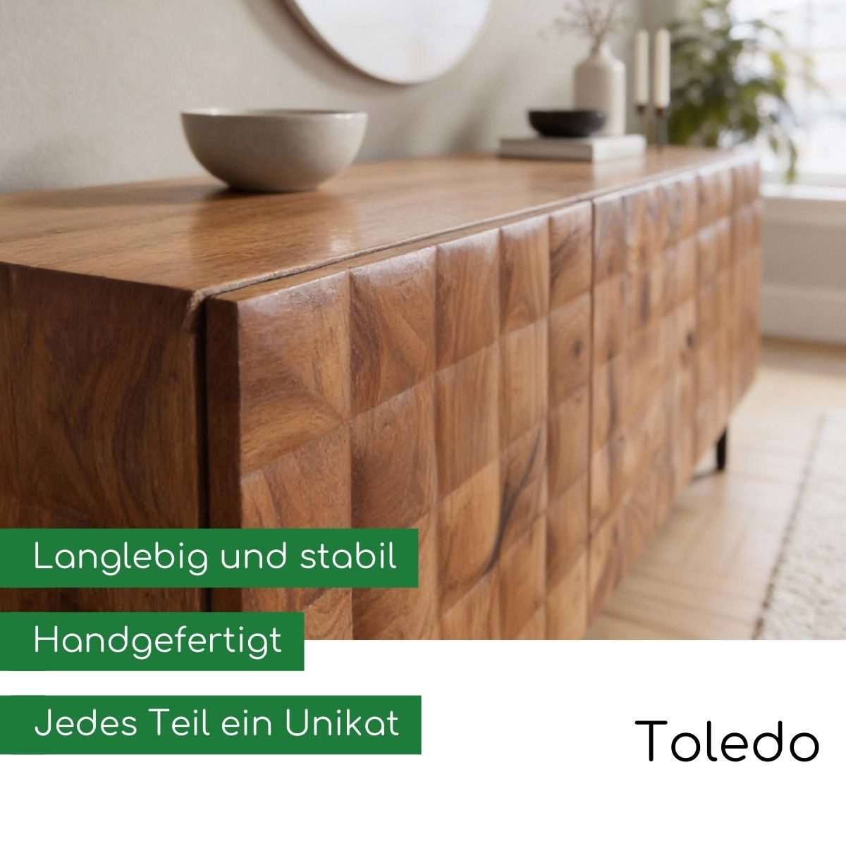 CASA DOMA Sideboard Toledo, Massivholz Akazie, Relief-Optik, Metallfüße