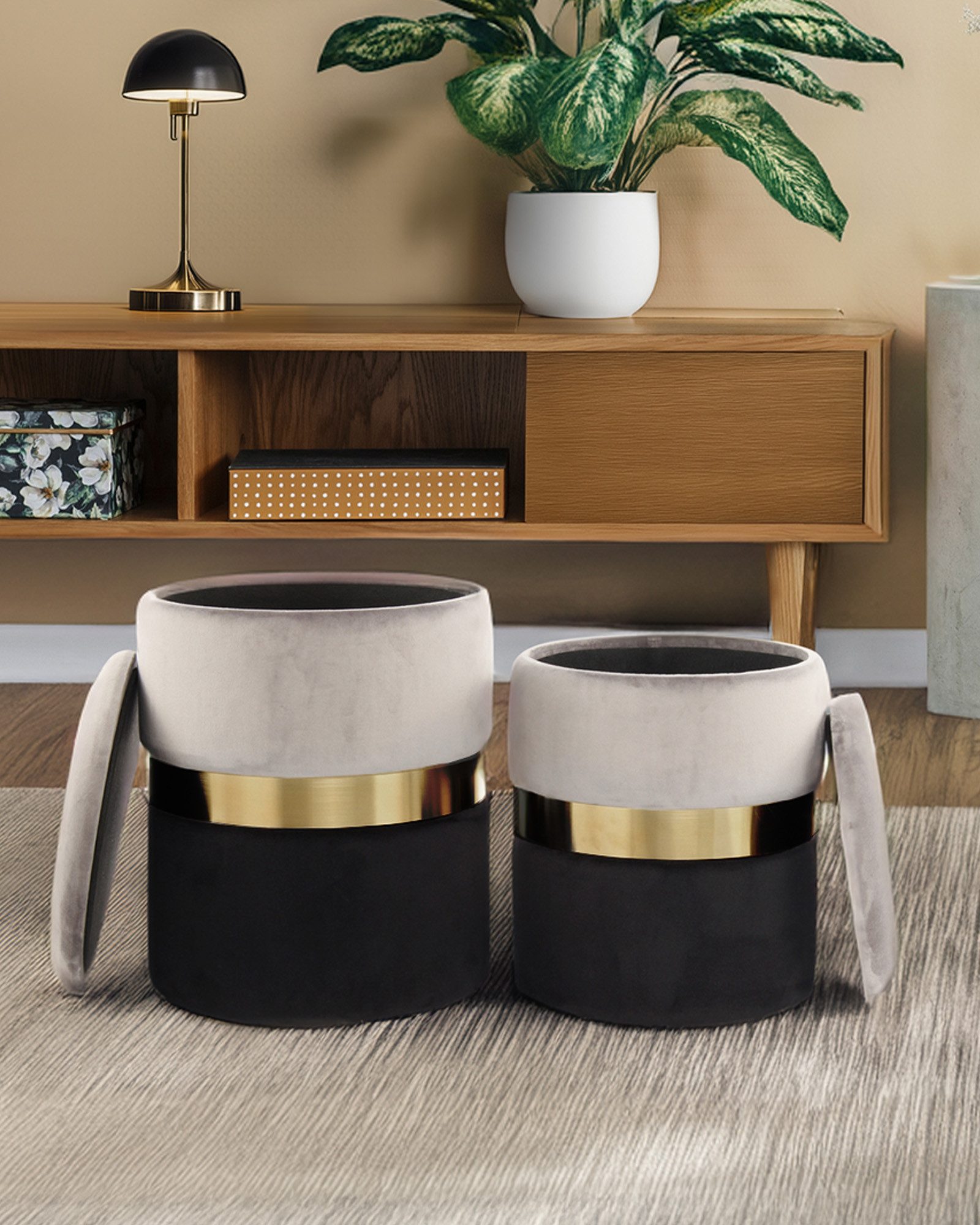 Hocker Sitzpouf Evelyn 2er-Set Grau - Stauraum, Hocker, Lounge