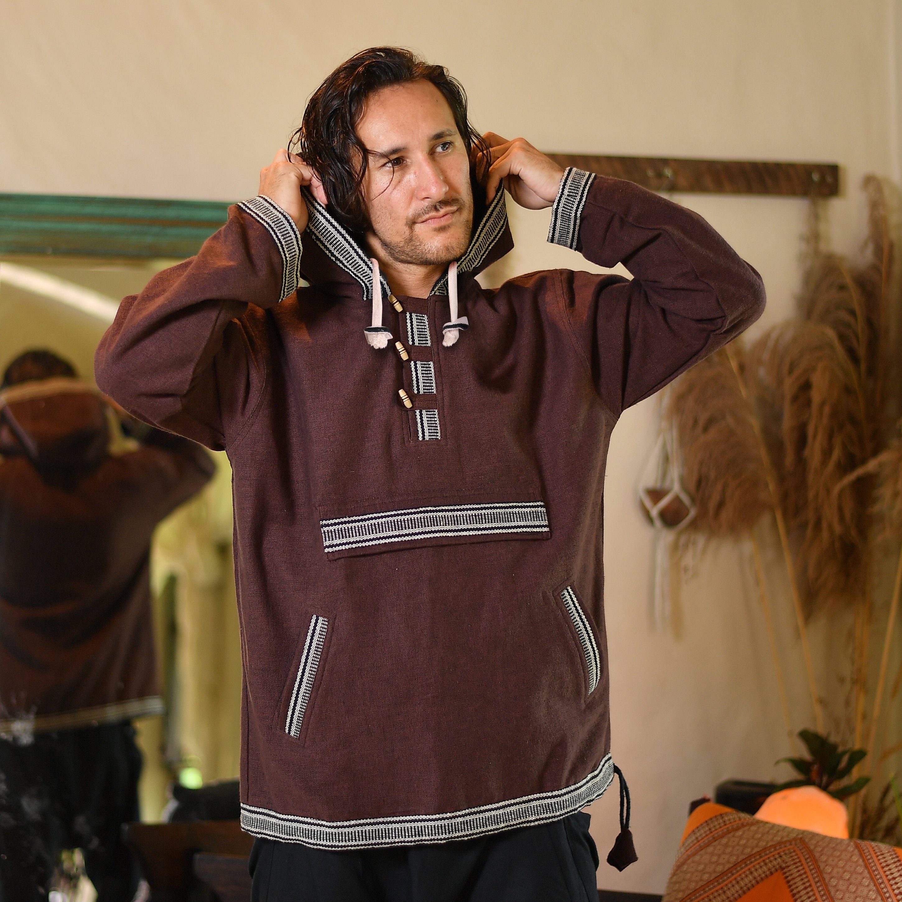 virblatt Kapuzenpullover Damen & Herren Hoodie, Baumwolle Baja Hoodie Vintage Pullover Hippie bequeme Kapuze, 1 Reißverschlusstasche vorne & 2 Seitentaschen