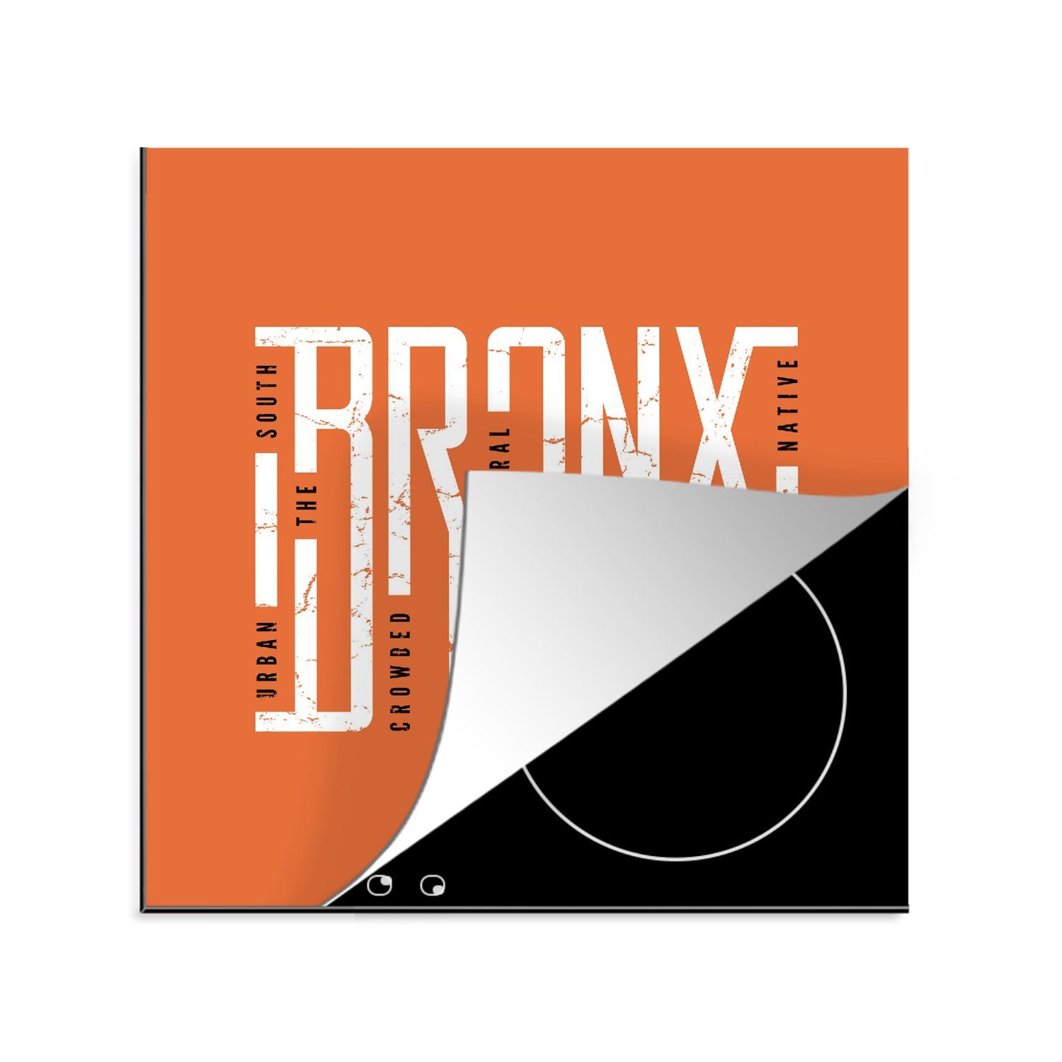 für auf Herdblende-/Abdeckplatte Vinyl, Arbeitsplatte Ceranfeldabdeckung, küche Hintergrund, MuchoWow "Bronx" (1 tlg), 78x78 cm, Illustration orangefarbenem