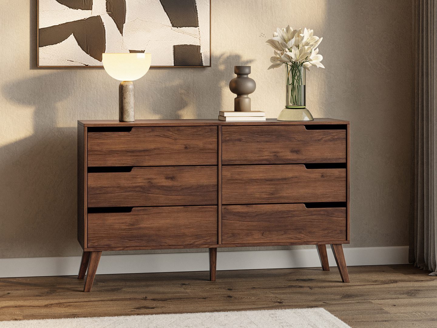 Beautysofa Kommode NOREL modernes Design mit sechs geräumigen Schubladen (erhältlich in Braun Walnuss & Cashmere), Breite: 137 cm