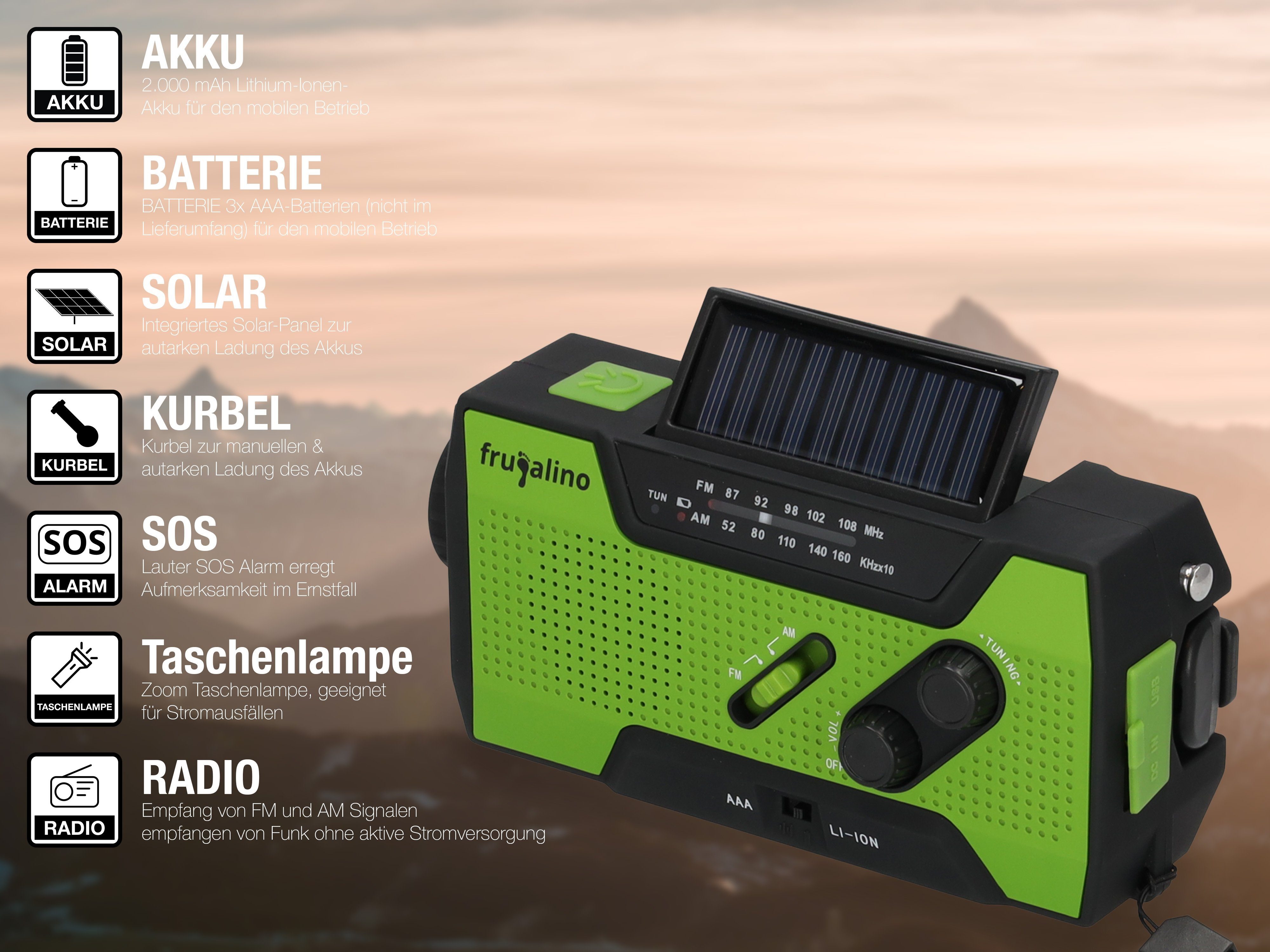 W, Radio Solar, Notfall One, (FM/AM, 4 SOS-Alarm, Kurbelradio, in Frugalino Powerbank) Taschenlampe, 5 Blackout 1