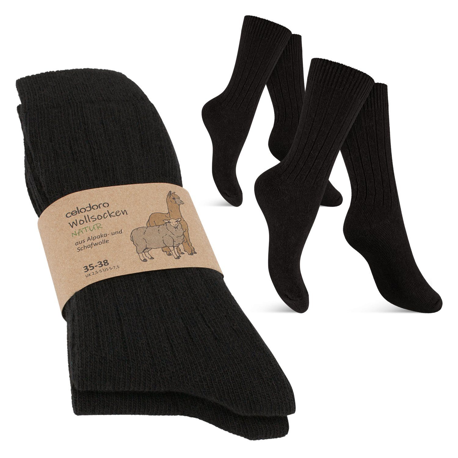 celodoro Freizeitsocken Damen & Herren Wollsocken & Kniestrümpfe mit Alpaka Schwarz