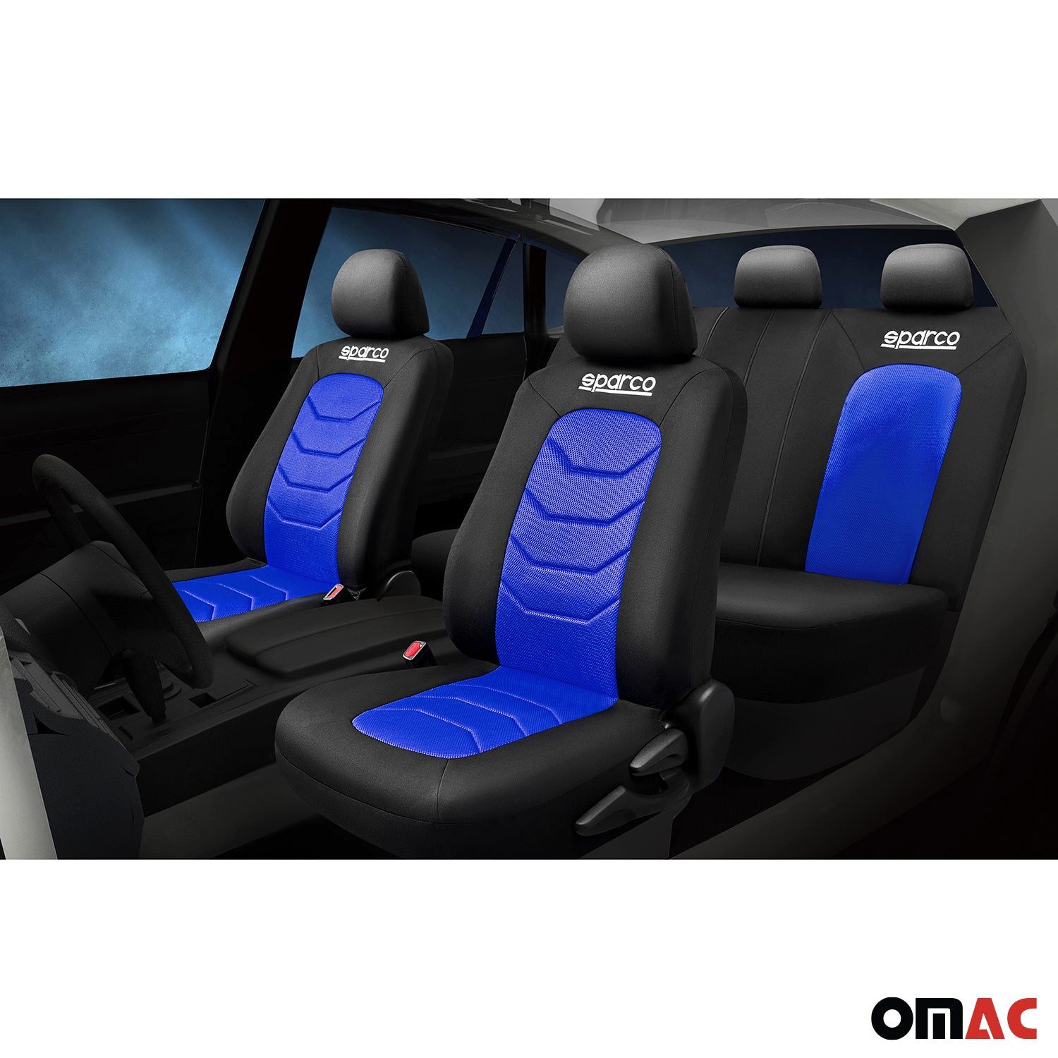 OMAC Car Seat Cover SPARCO Protective Covers Universal Blue Front Rear, Breathable, Compatible with Side Airbags