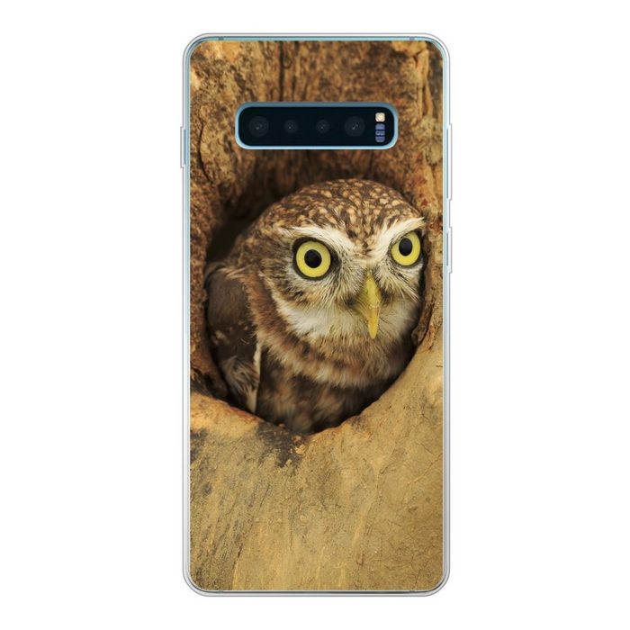 MuchoWow Handyhülle Braune Eule die aus einem Loch in einem Baum schaut Phone Case Handyhülle Samsung Galaxy S10+ Silikon Schutzhülle