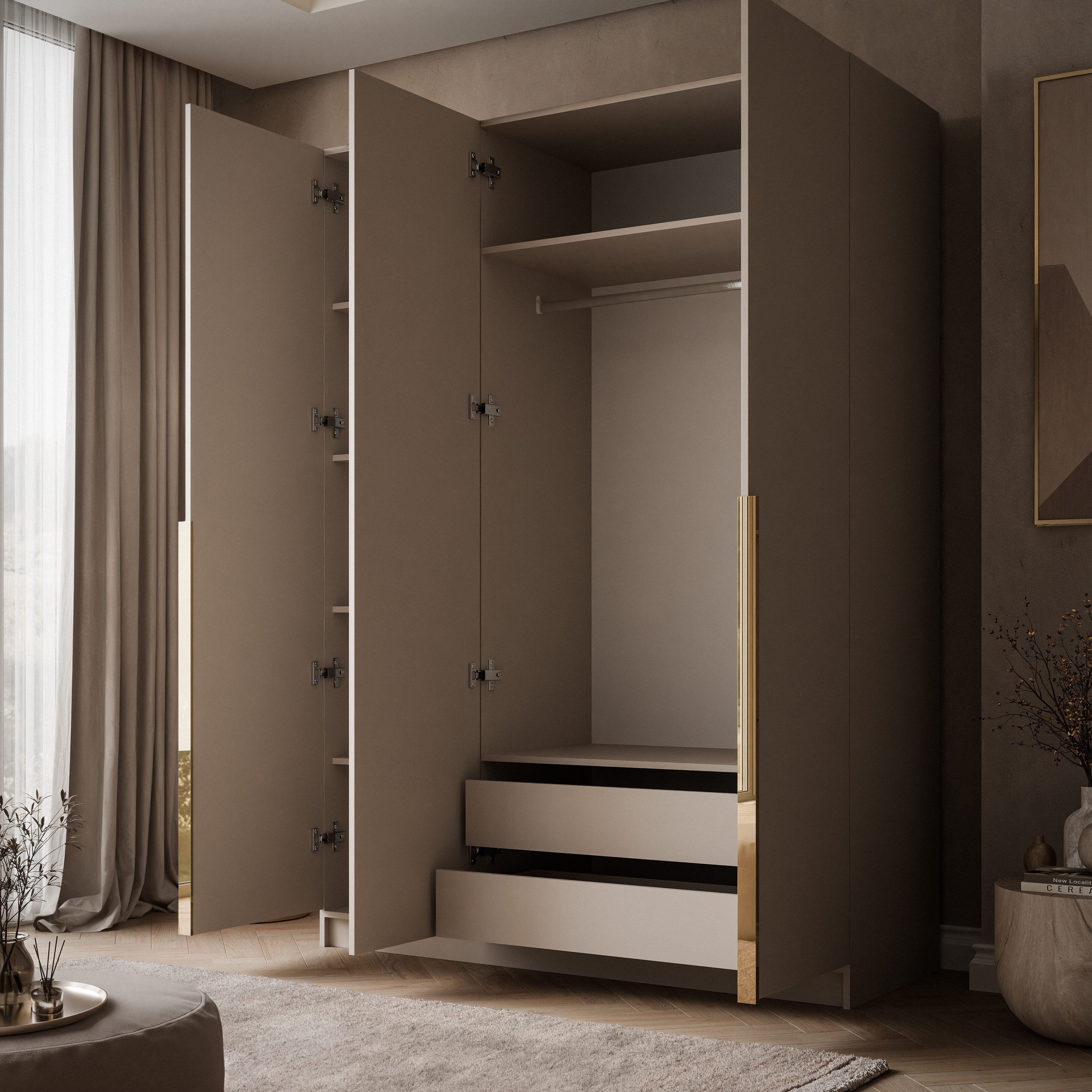 Lookway Kleiderschrank AUREL 3D KASCHMIR mit Spiegel Drehtürenschrank mit 3 Türen 100x210x57 cm – Bild 3 von 5