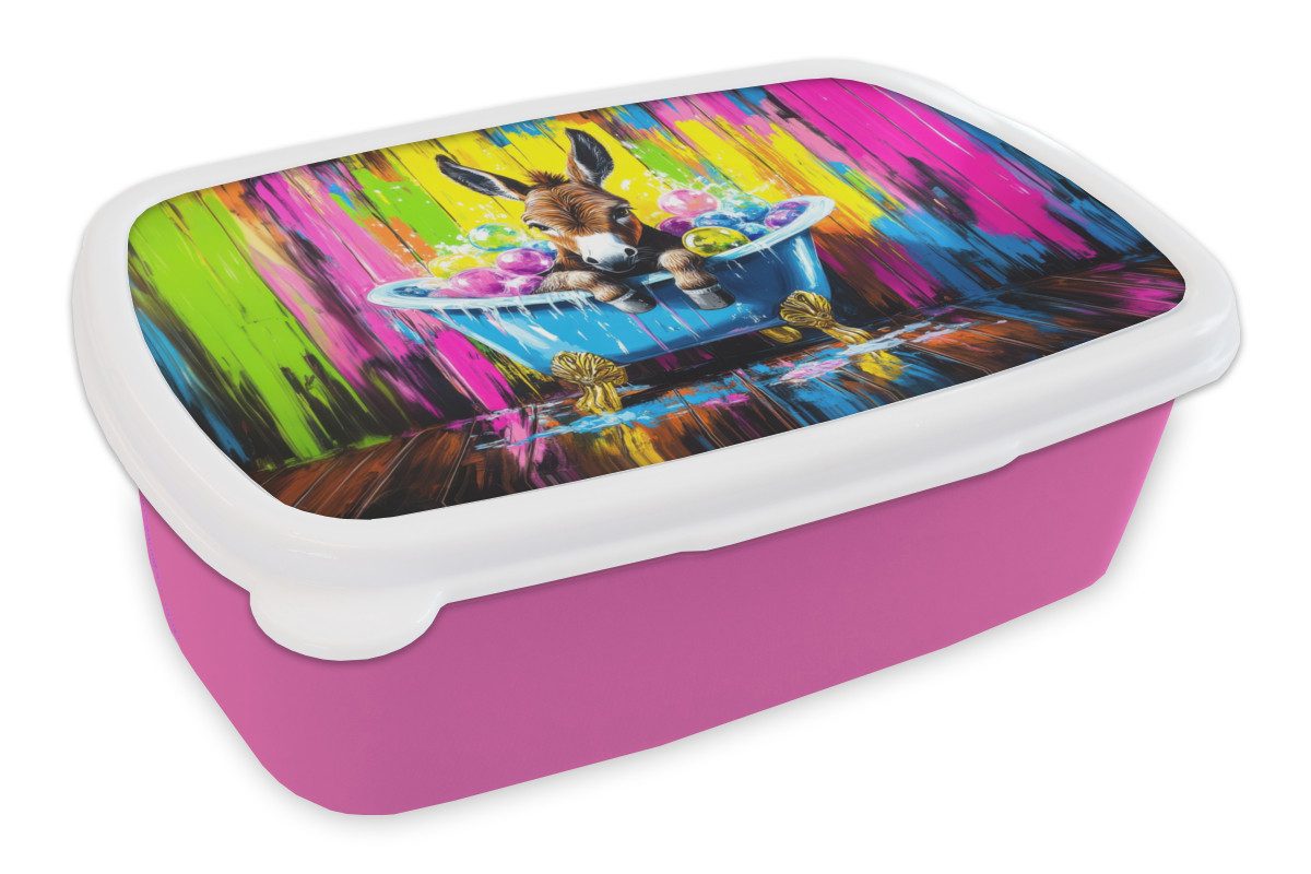 MuchoWow Lunchbox Esel - Badewanne - Rosa - Schaumstoff, Kunststoff, (2-tlg), Brotdosen, Lunch Box, Brotbox für Kinder und Erwachsene