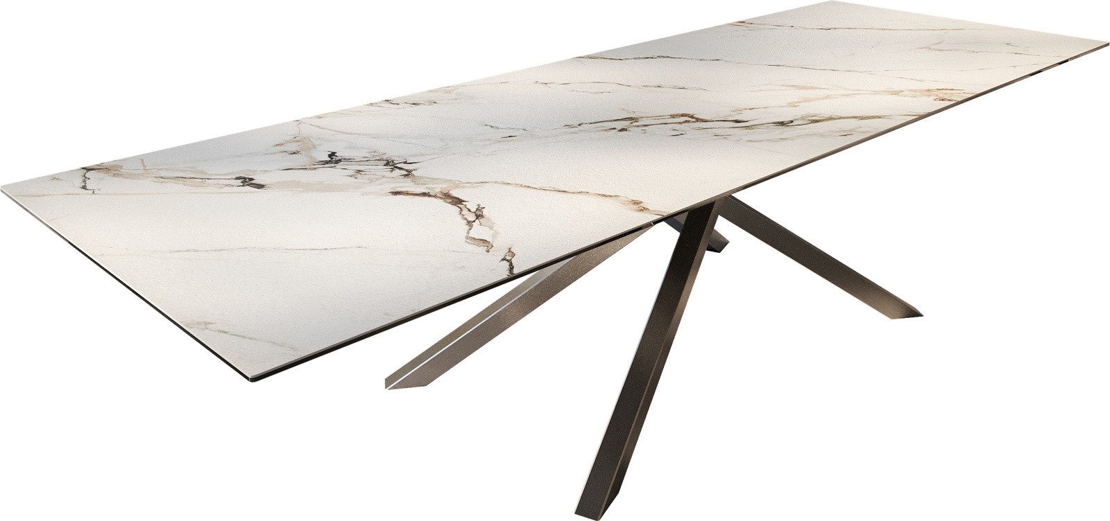 DELIFE Esstisch Edge, 300x100 cm Keramik Calacatta Luxe Weiß-Gold-Grau Kreuzgestell Rechteck