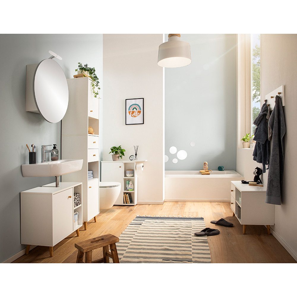 Lomadox Badmöbel-Set BELFORT-80, (Spar-Set, 6-St., Spiegelschrank WBU Hochschrank Midischrank Sitzbank Hakenpaneel), Komplett Set, weiß matt, Griffe Füße Eiche massiv