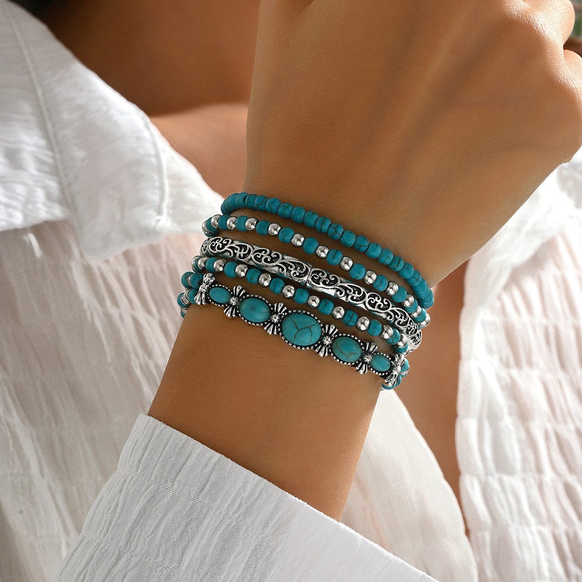 The Beauty House Armband Boho Armband Set mit türkisen Perlen, – Mehrreihiger Damenschmuck im Ethno Stil
