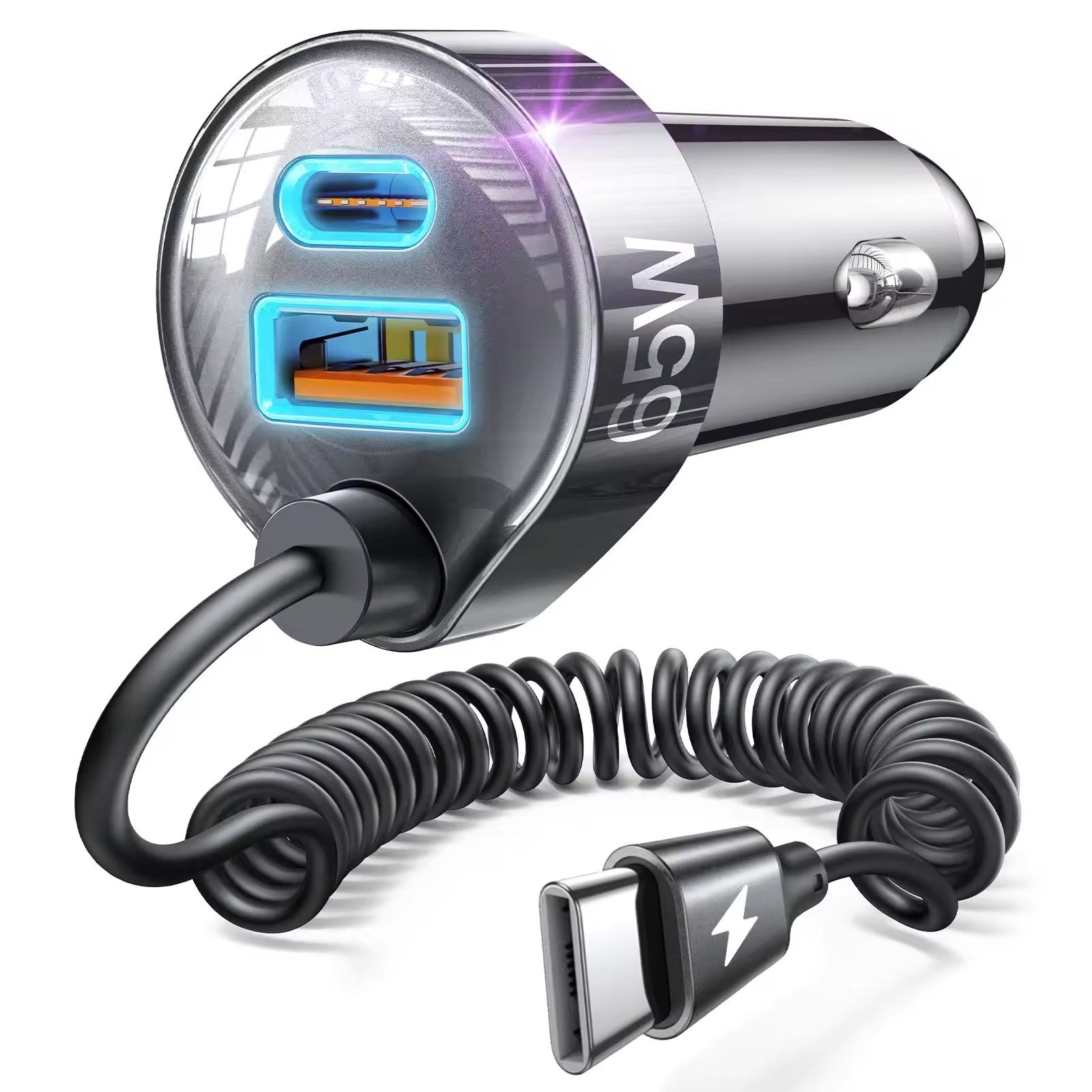 GreenHec 90W USB C KFZ Ladegerät Zigarettenanzünder Spiralkabel PD Schnelllader USB-Ladegerät (90W gesamt, 45W USB-C PD, Spiralkabel, 4 Anschlüsse, 12V/24V)