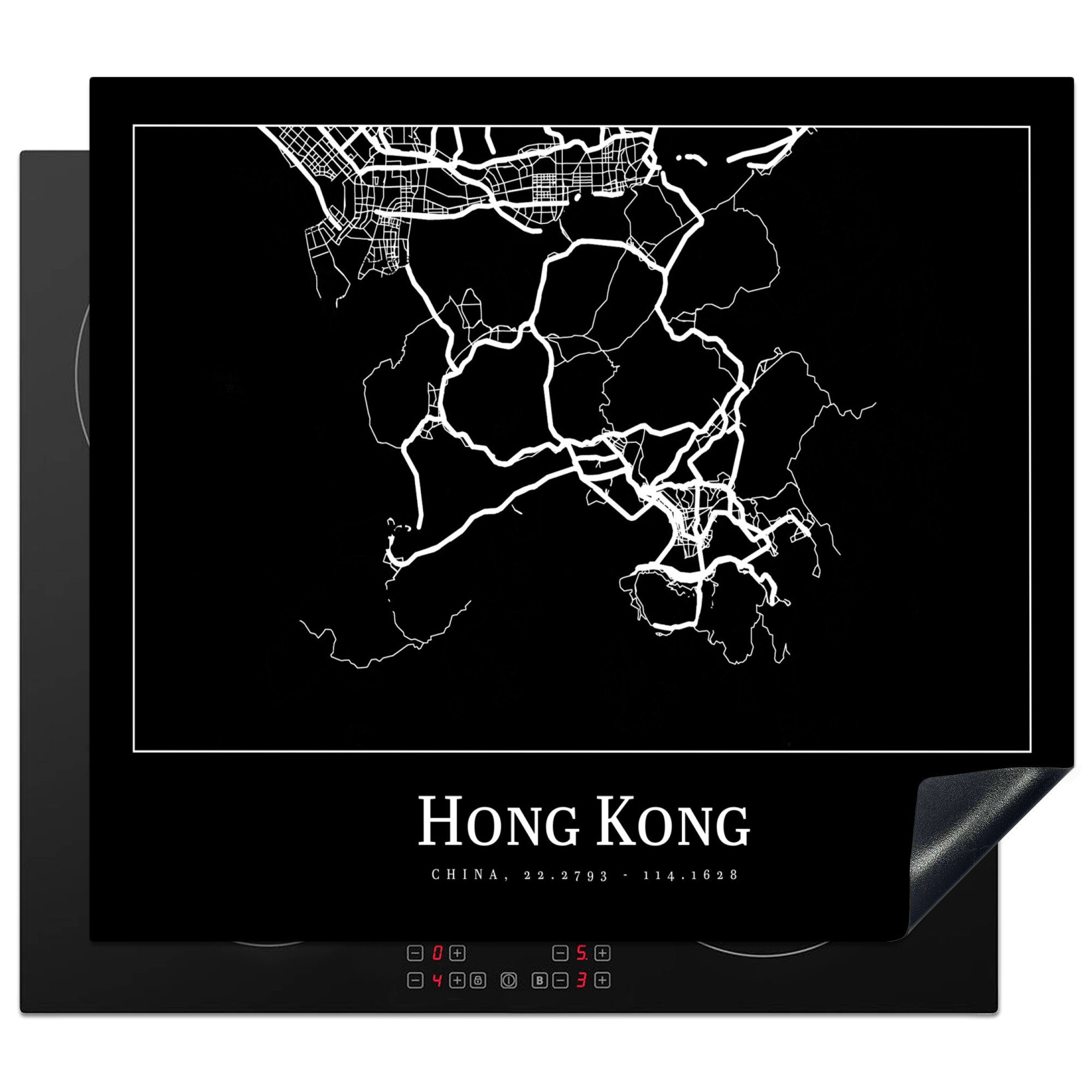 MuchoWow Herdblende-/Abdeckplatte Hongkong - Karte - Stadtplan - Routenbeschreibung, Vinyl, (1 tlg), 57x51 cm, Induktionsschutz, Induktionskochfeld, Ceranfeldabdeckung