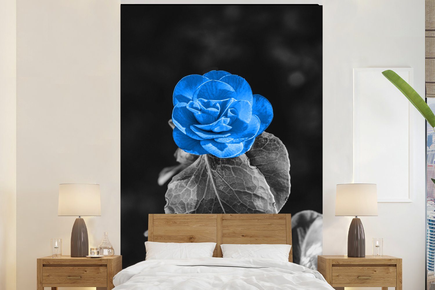 MuchoWow Fototapete Blumen - Rose - Schwarz - Weiß - Blau, Matt, bedruckt, (3 St), Montagefertig Vinyl Tapete für Wohnzimmer, Wandtapete