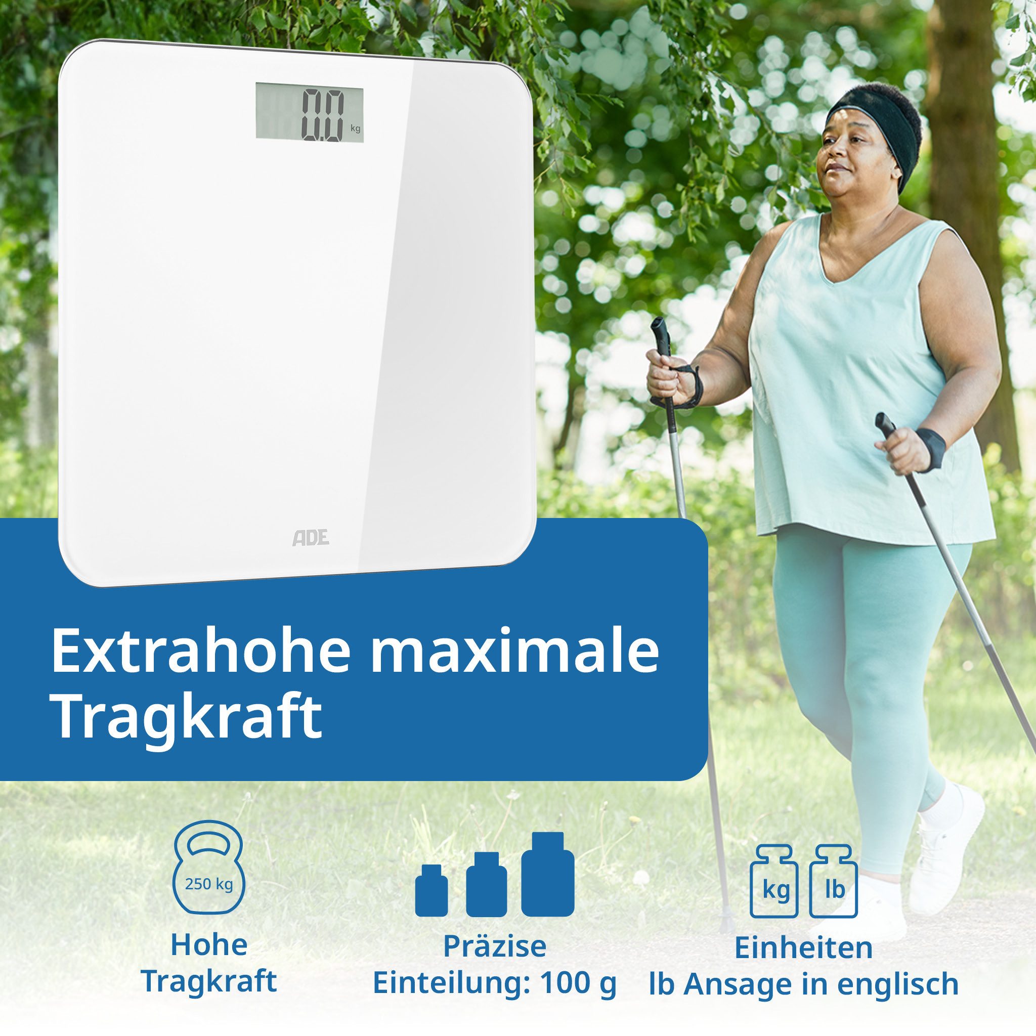 ADE Personenwaage digital, Körperwaage mit Sprachausgabe bis 250 kg, 5 Sprachen, sprechende Waage, ideal für Senioren, inkl. AAA Batterien