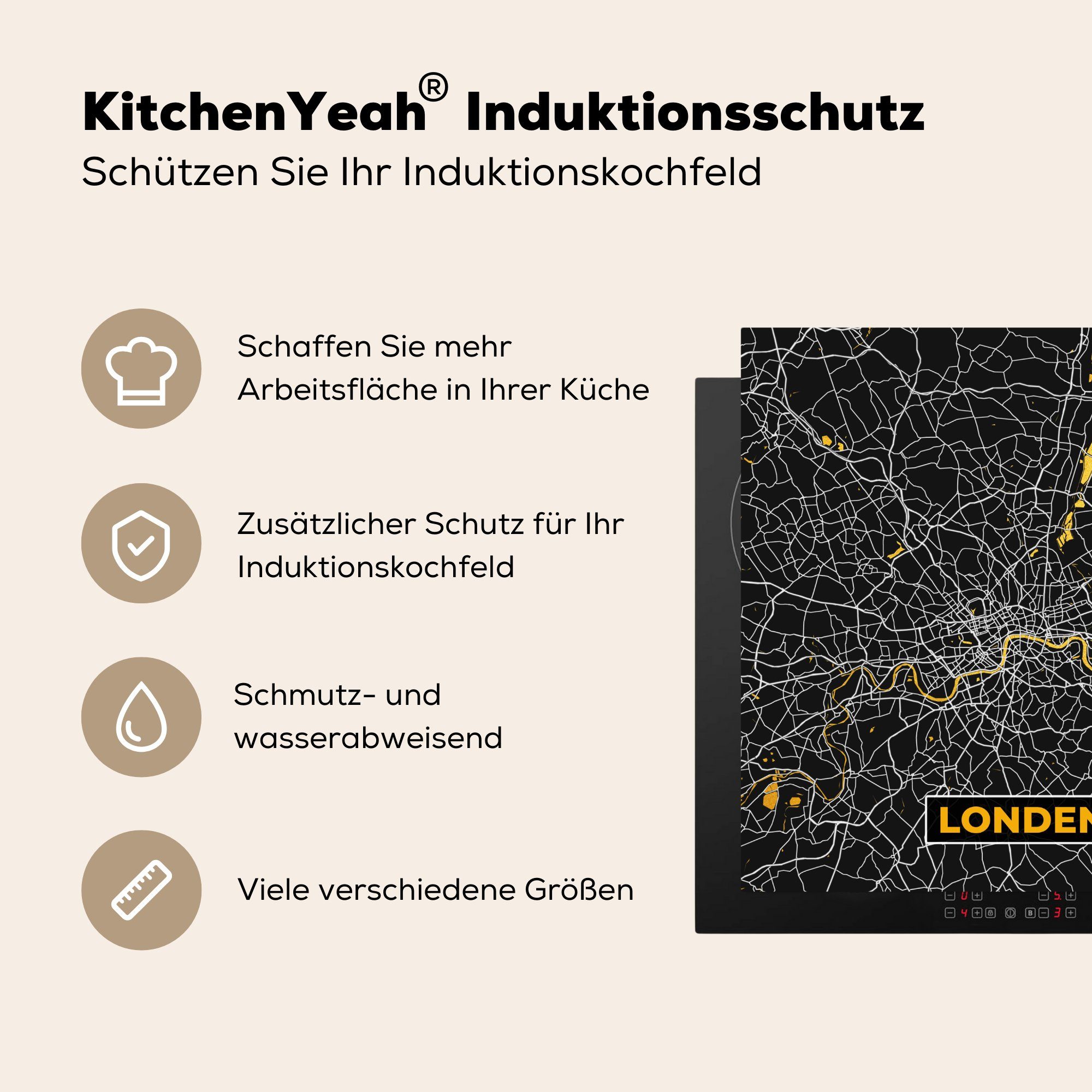 Herdblende-/Abdeckplatte küche London Ceranfeldabdeckung, 78x78 tlg), für MuchoWow - Stadtplan (1 Vinyl, - Karte, - Gold Arbeitsplatte cm,