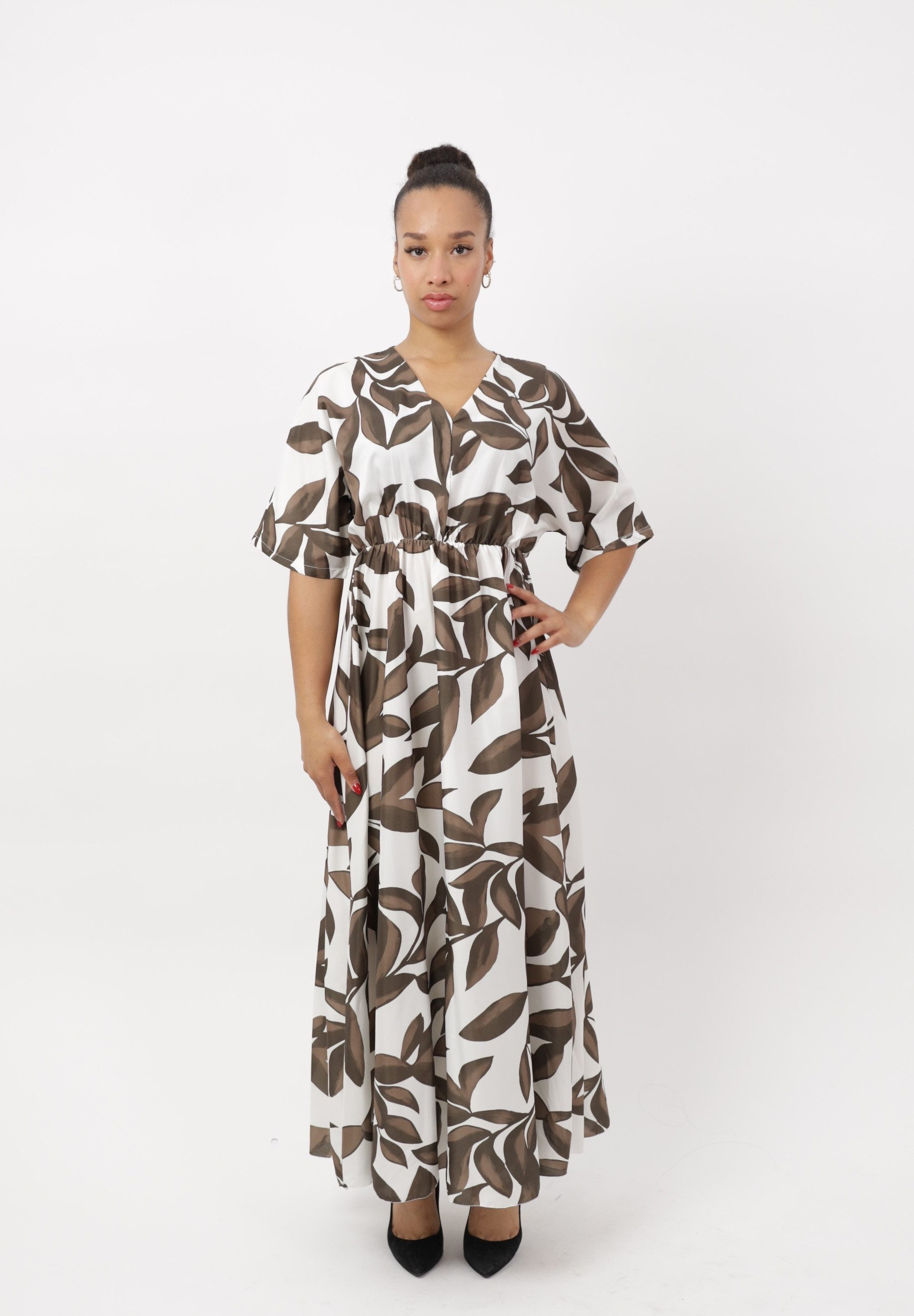 Elara Maxikleid Damen Maxikleid mit Blattmuster, V-Ausschnitt und Halbärmeln (1-tlg) ohne Details