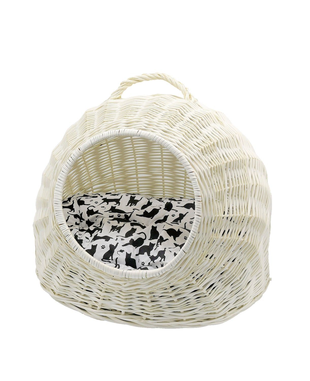 MyBer® Tierbett Tier Katzen Bett Liege Korbhöhle Katzenhöhle Katzenkorb weiß, weiß, mit Kissen mit Katzenmuster und Tragegriff, geflochten mit Kissen Handarbeit 50/40/40cm K5-081-W-SWBK