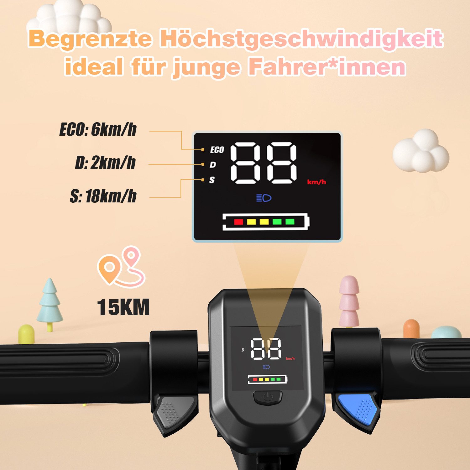 RCB Elektro-Kinderroller R12 PRO mit verstellbarer Höhe, 7-Zoll-Vollgummireifen, klappbar, LED, Belastbarkeit 60 kg, Faltmechanismus mit zwei Sicherheitsverriegelungen