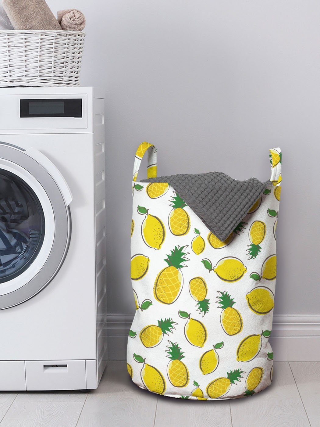 Theme Wäschesäckchen für Waschsalons, Zitronen Wäschekorb Kordelzugverschluss mit Sommer Früchte Griffen Frische Abakuhaus