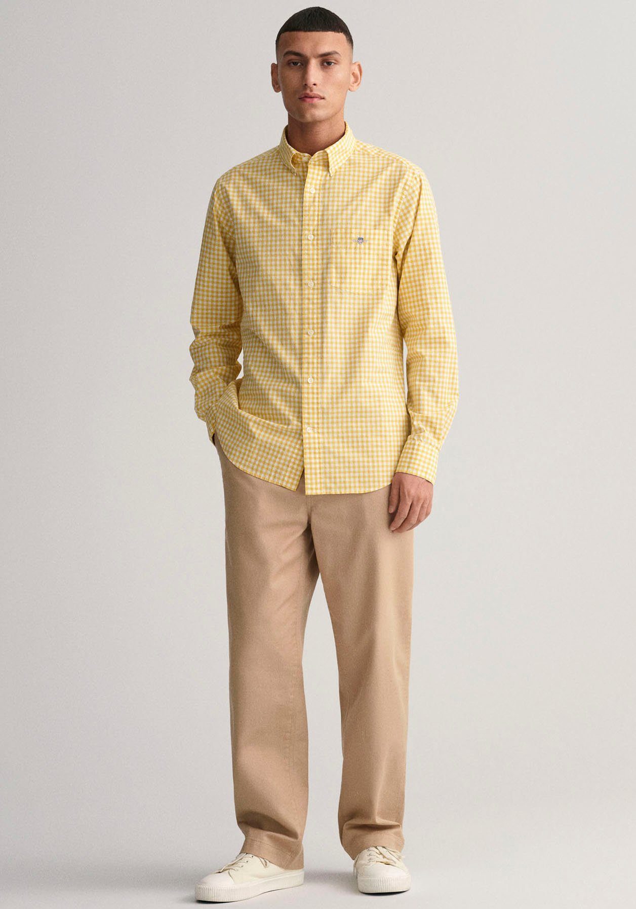 Gant Langarmhemd yellow der REG POPLIN auf Brust SHIRT mit GINGHAM Logostickerei parchment