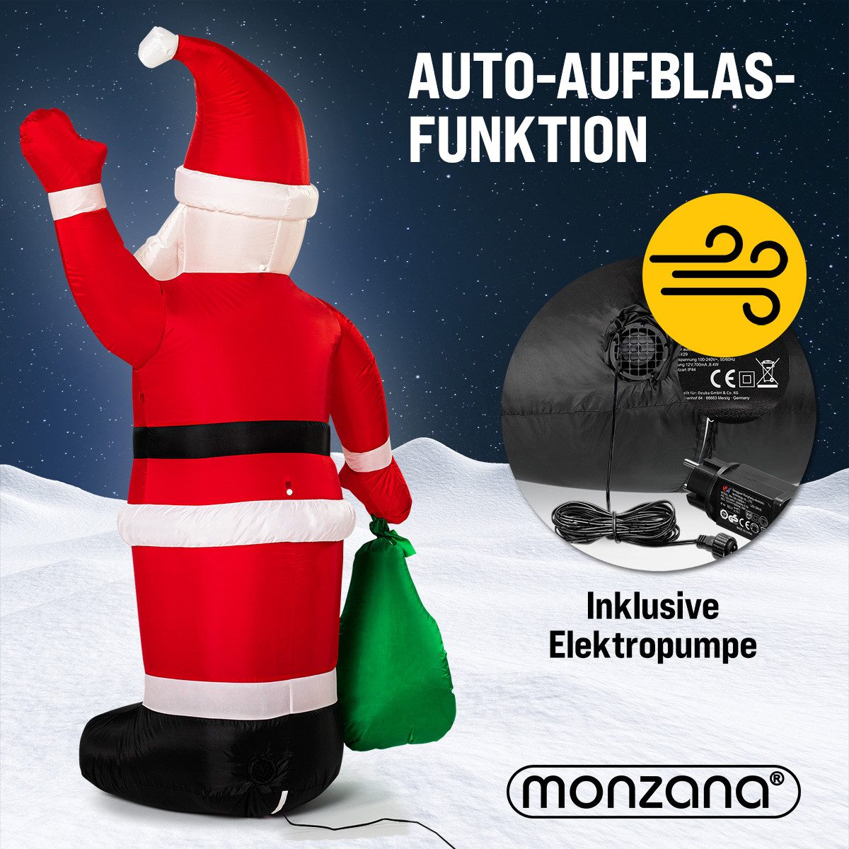monzana Weihnachtsmann, Aufblasbarer XL 180cm LED Beleuchtet Befestigungsmaterial IP44 Außen
