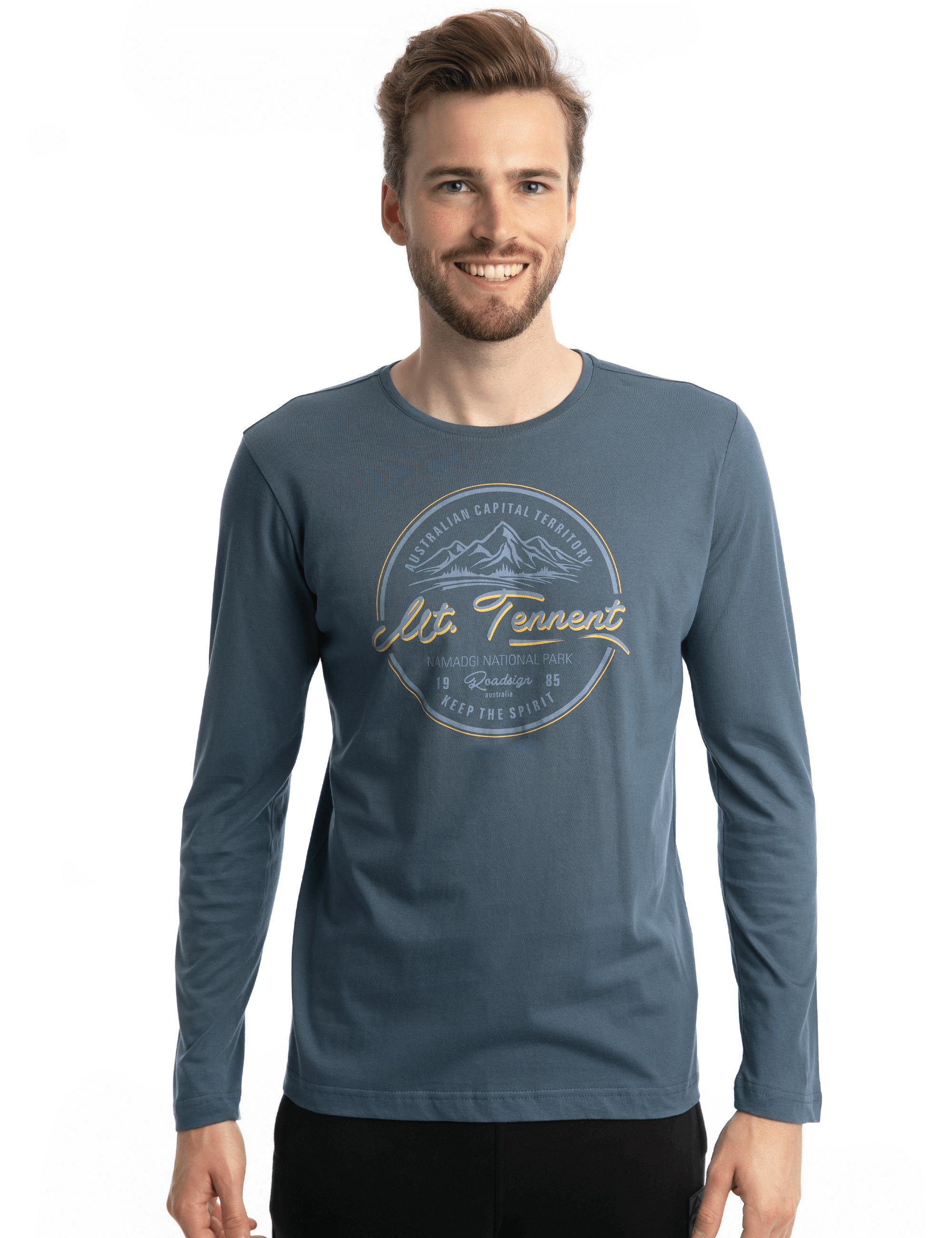 ROADSIGN australia Langarmshirt Tennet (1, Tennet", Blau mit "Mount 100% Aufdruck Rundhalsausschnitt, 1-tlg) Baumwolle