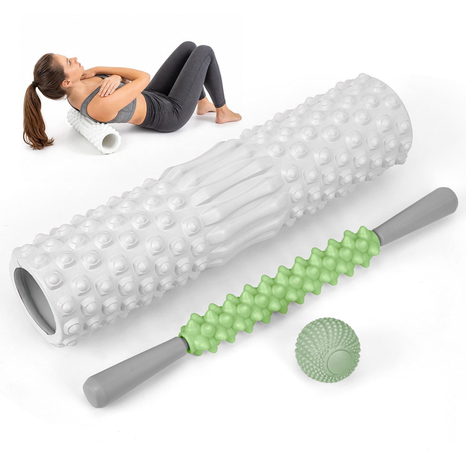 OSTWOLKE Massagerolle 3 in 1 Foam Roller Faszienrolle Sets mit Massageroller Stab, für Yoga Pilates Sport