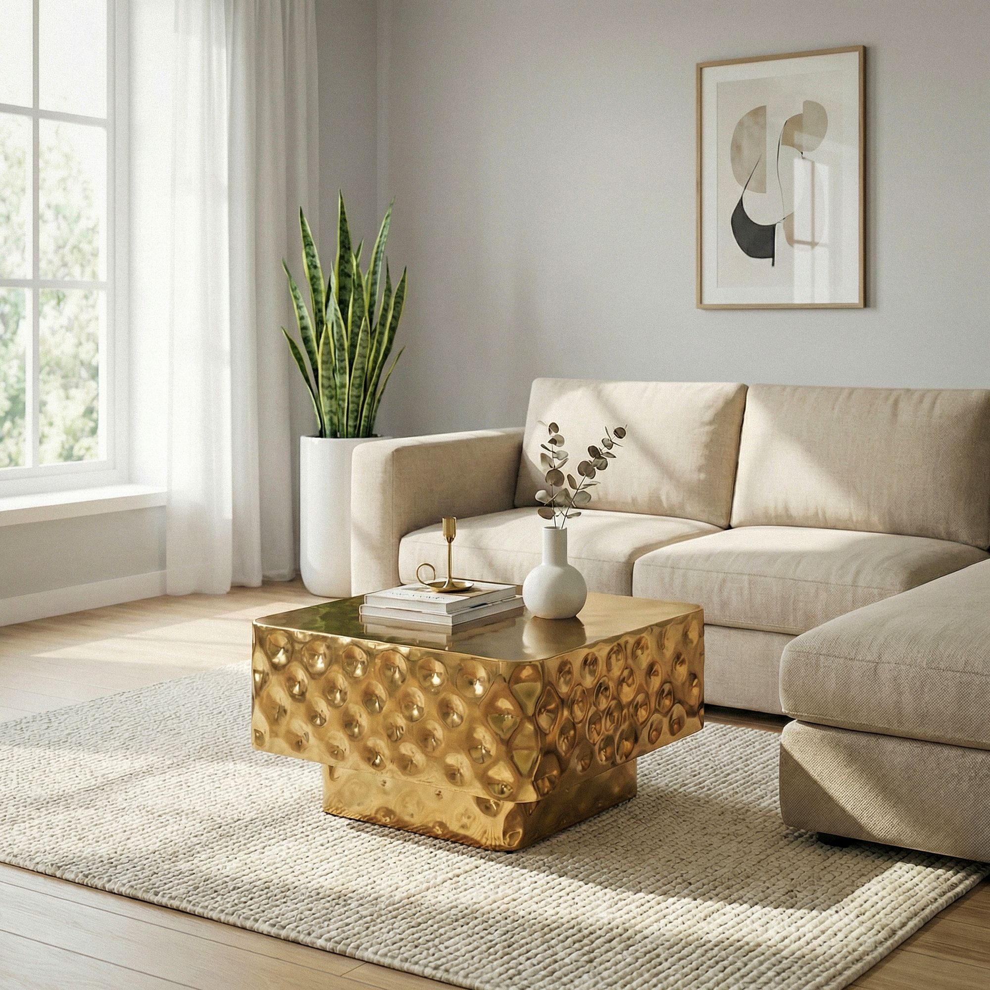 FINEBUY Couchtisch FB77627 Sofatisch 60cm Wohnzimmertisch Beistelltisch Hammerschlag (Quadratischer Tisch in gehämmerter Optik), Komplett aus robustem Metall gefertigt