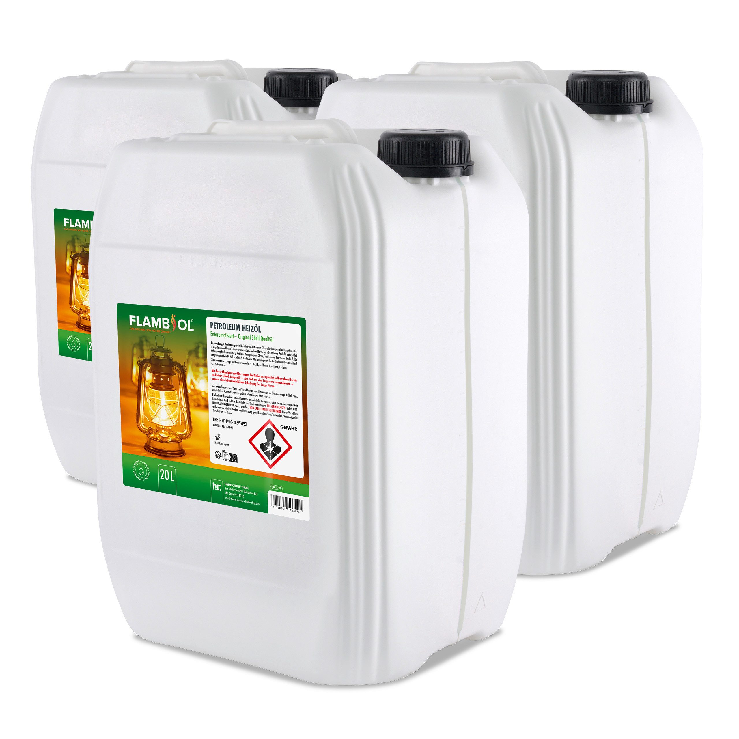 Höfer Chemie GmbH Petroleum 3x 20 L FLAMBIOL® Petroleum Heizöl, 60 l, (3-St), Sauberes Heizöl für Öfen und Lampen