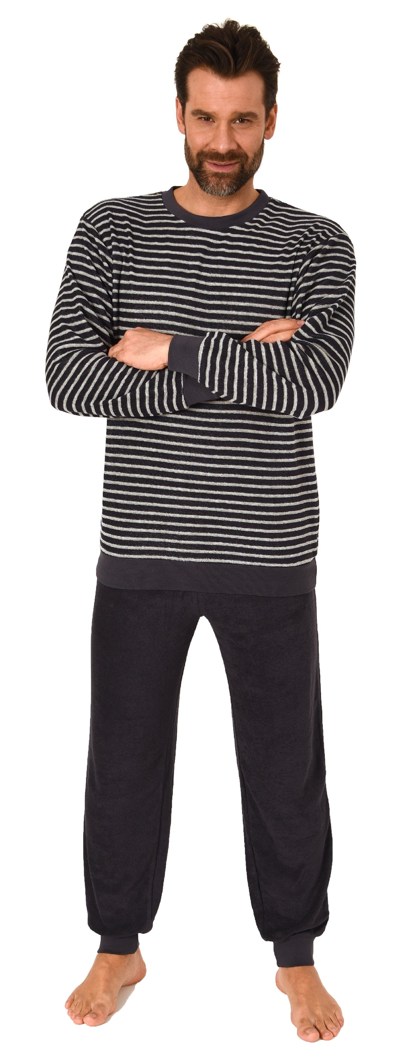 Normann Pyjama Herren Frottee langarm Schlafanzug mit Bündchen in Streifeno günstig online kaufen