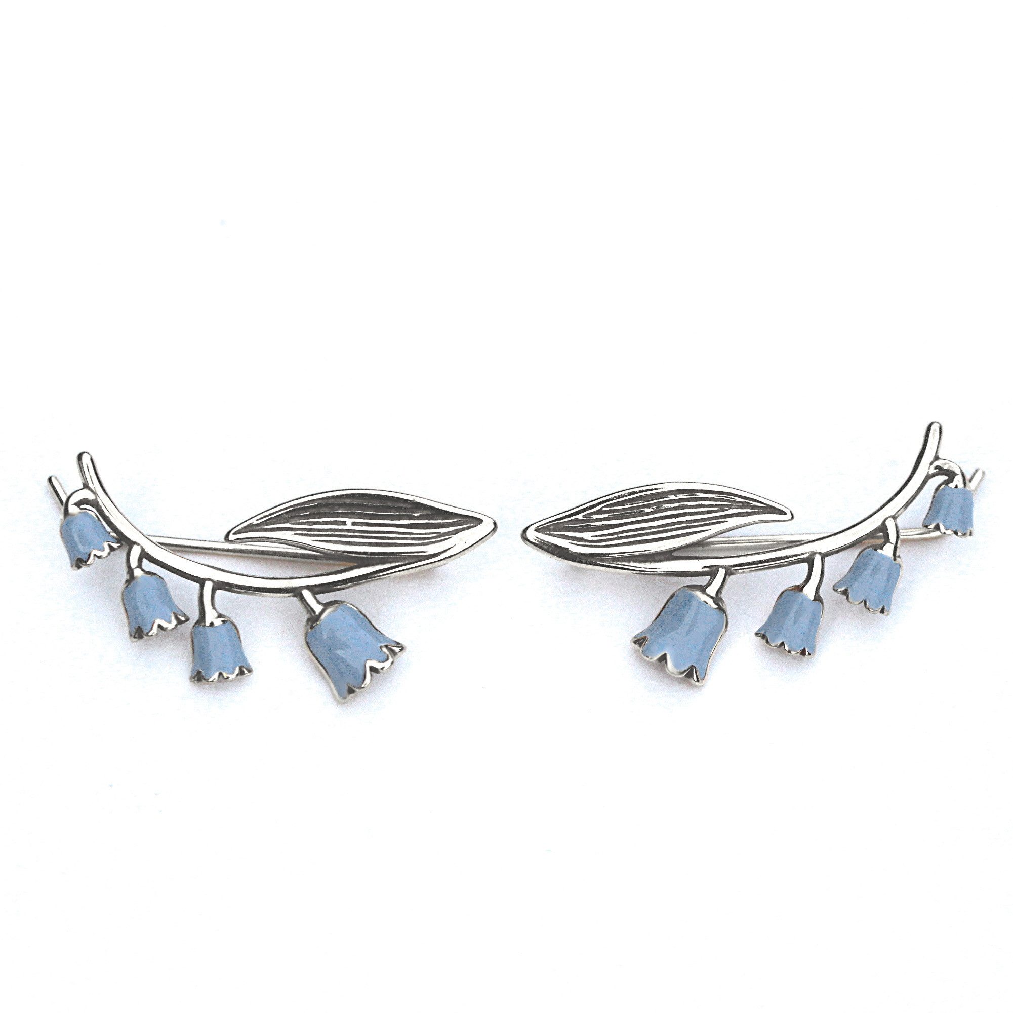 Villa Sorgenfrei Schmuckmanufaktur Paar Ohrklemmen Glockenblumen Ohrkletterer. 925 Sterling Silber & blaue Emaille
