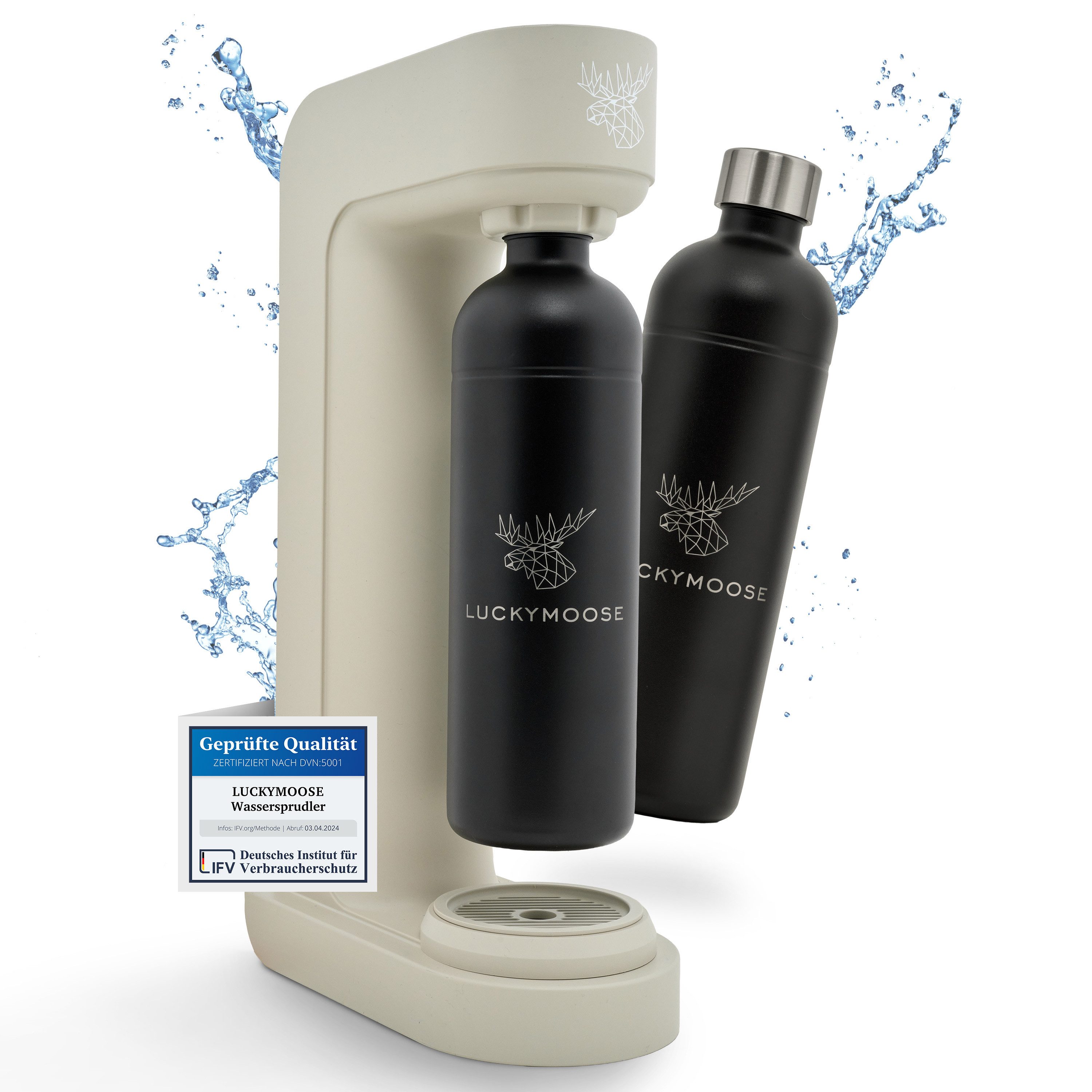 Luckymoose Wassersprudler Infinity mit 2x 1,25L spülmaschinenfesten Edelstahlflaschen, (2x Schwarz-tlg), Spart bis zu 25% CO2, Flaschen spülmaschinenfest & ohne Ablaufdatum