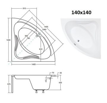 KOLMAN Badewanne Eckbadewanne Mia 140x140, Acrylschürze Styroporverkleidung, Ablauf VIEGA & Füße GRATIS